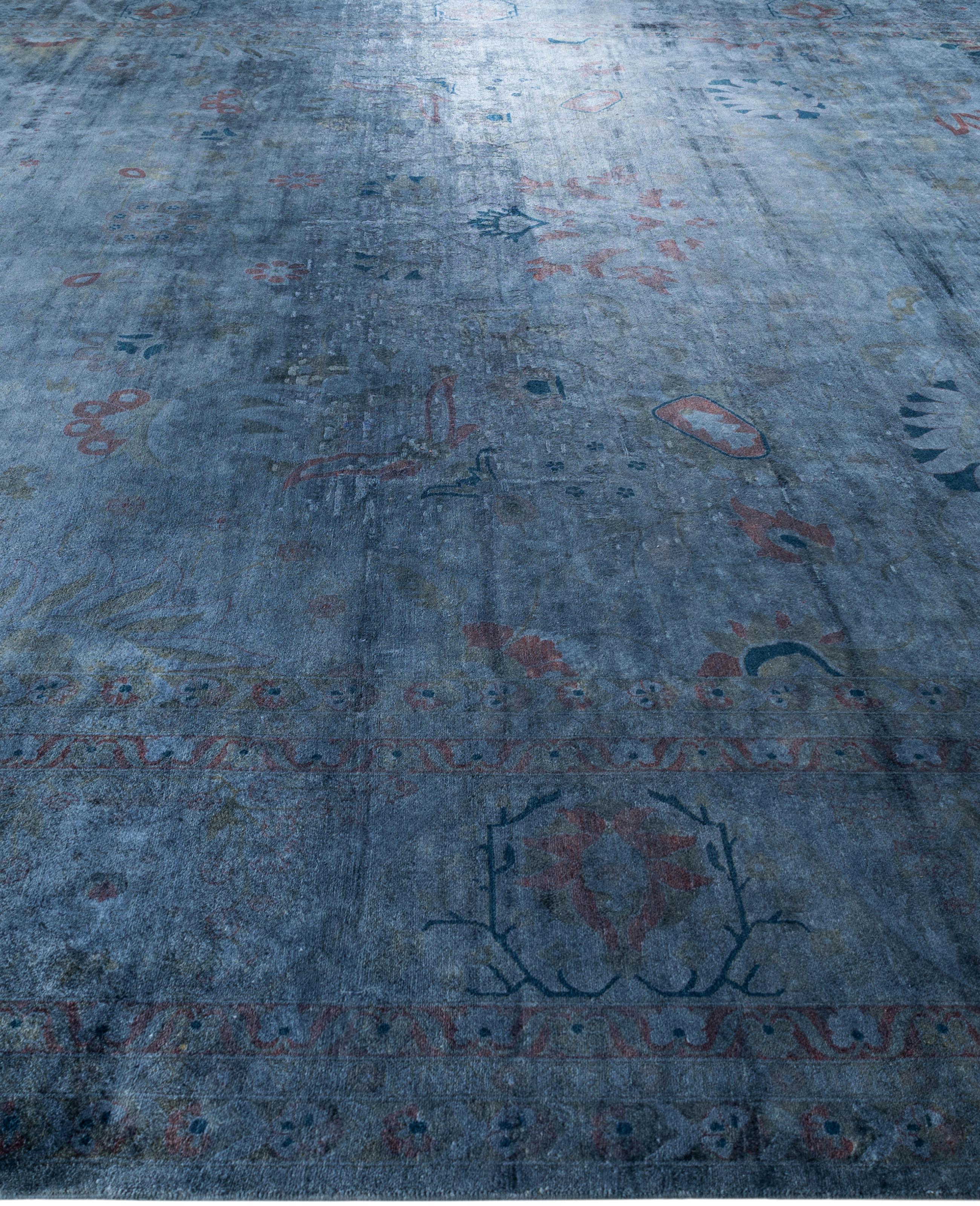 Hand-Knotted Overdyed One-of-a-Kind Wool Blue Area Rug 12' 9