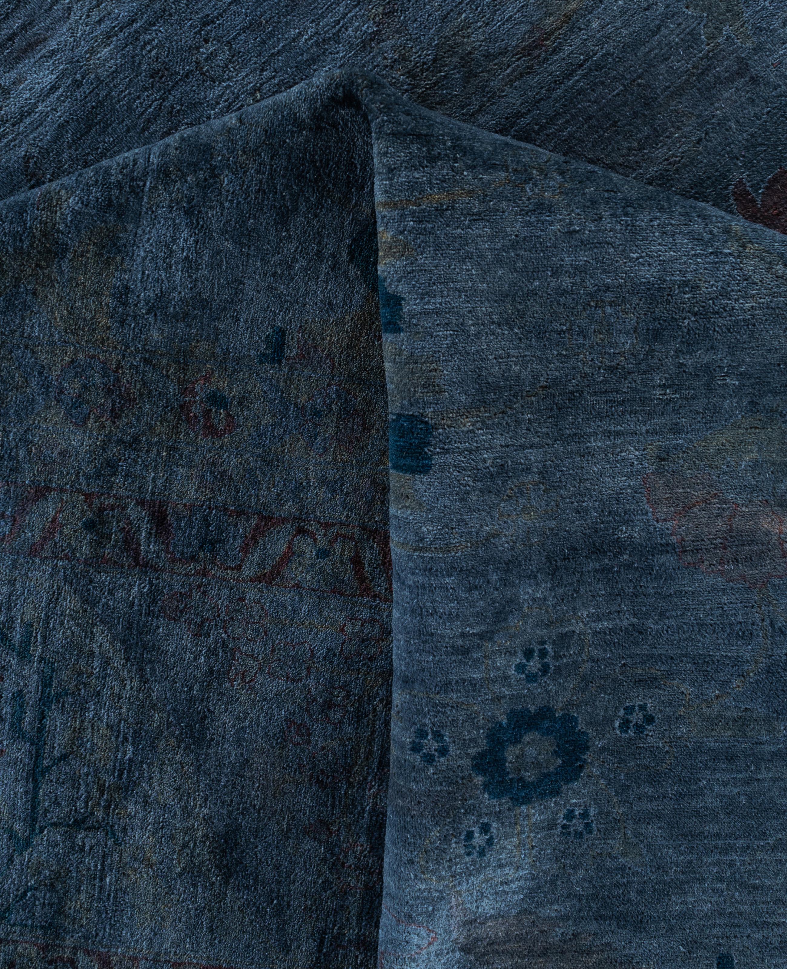 Overdyed One-of-a-Kind Wool Blue Area Rug 12' 9