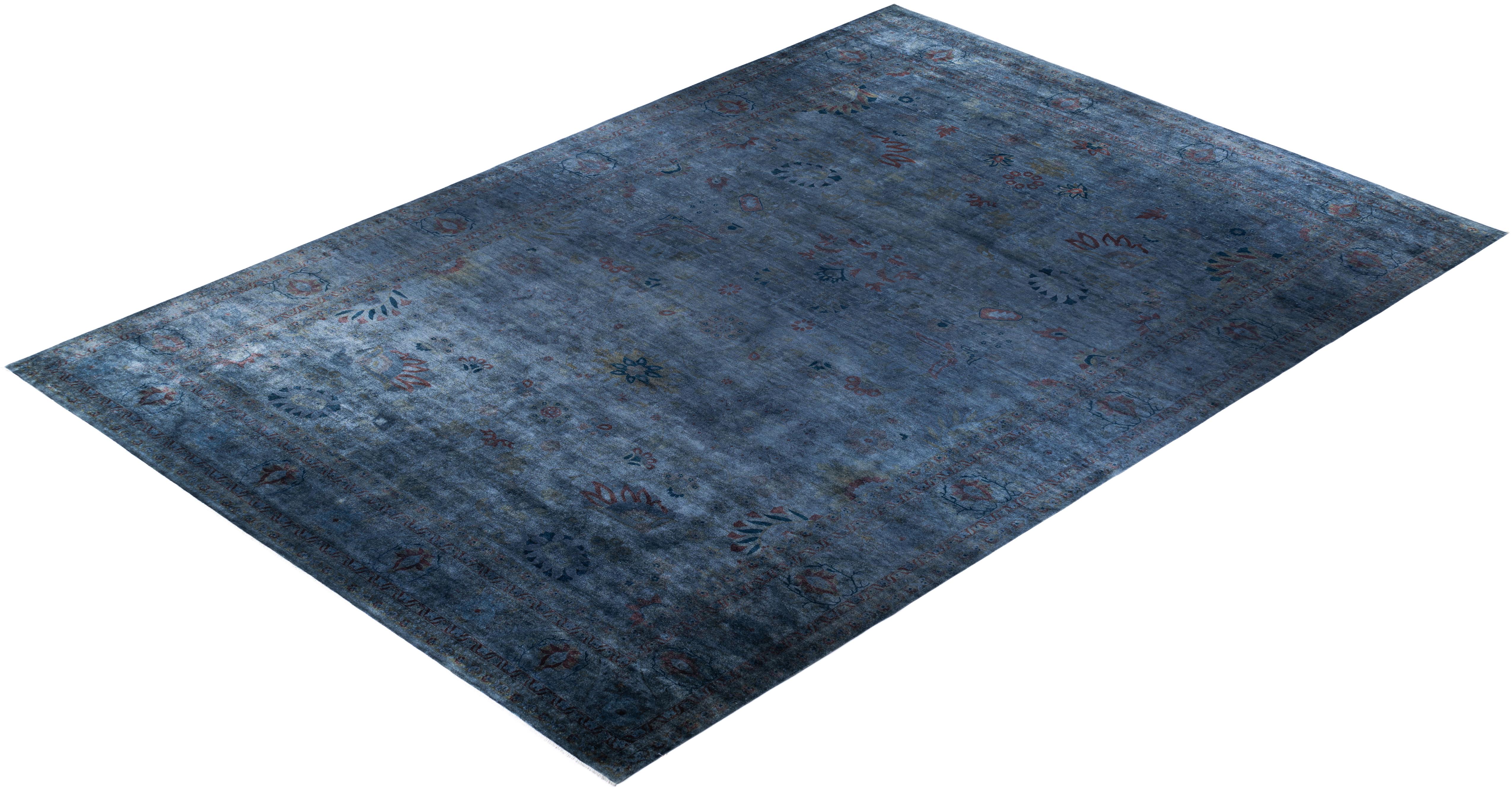 Overdyed One-of-a-Kind Wool Blue Area Rug 12' 9