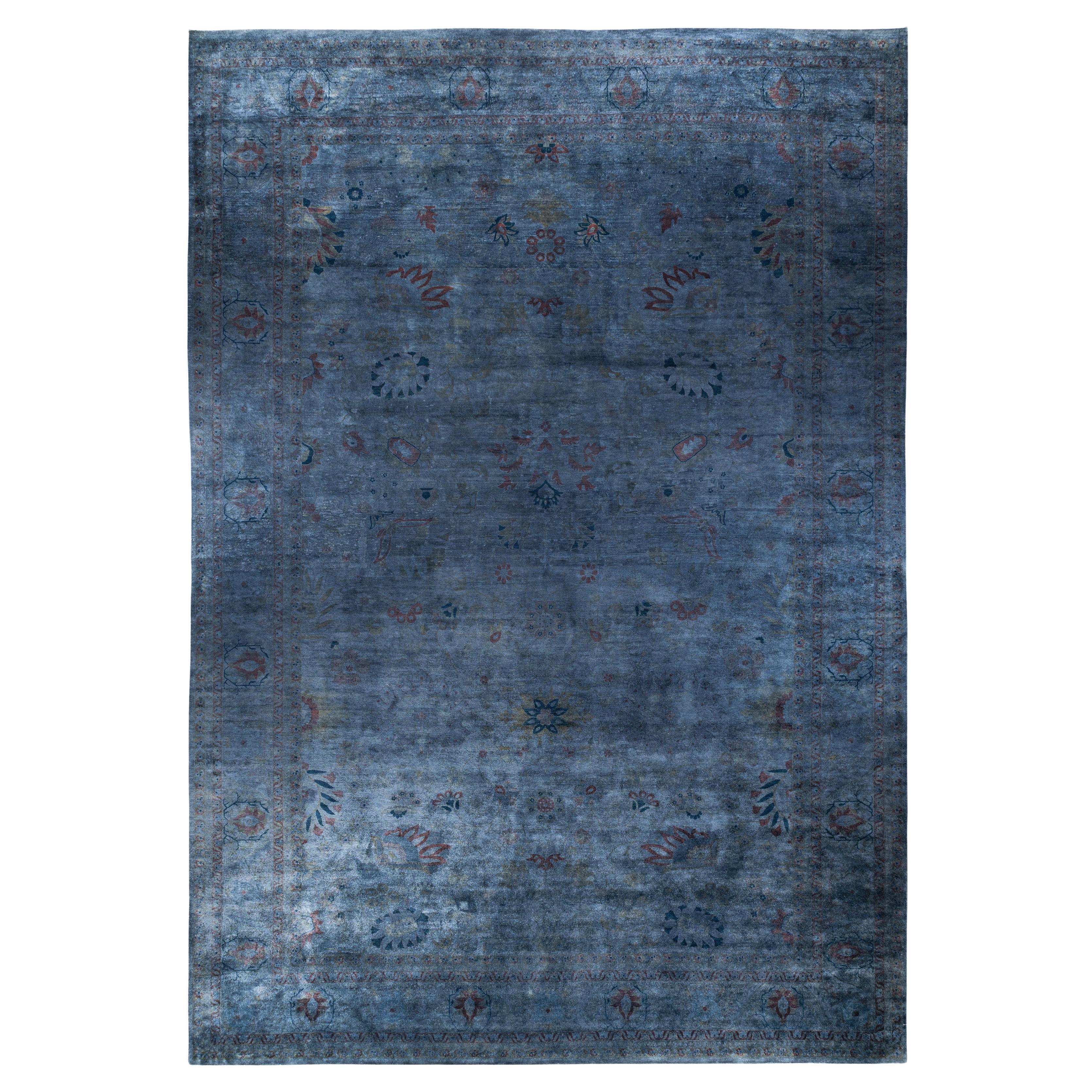 Overdyed One-of-a-Kind Wool Blue Area Rug 12' 9" x 18' 10" For Sale