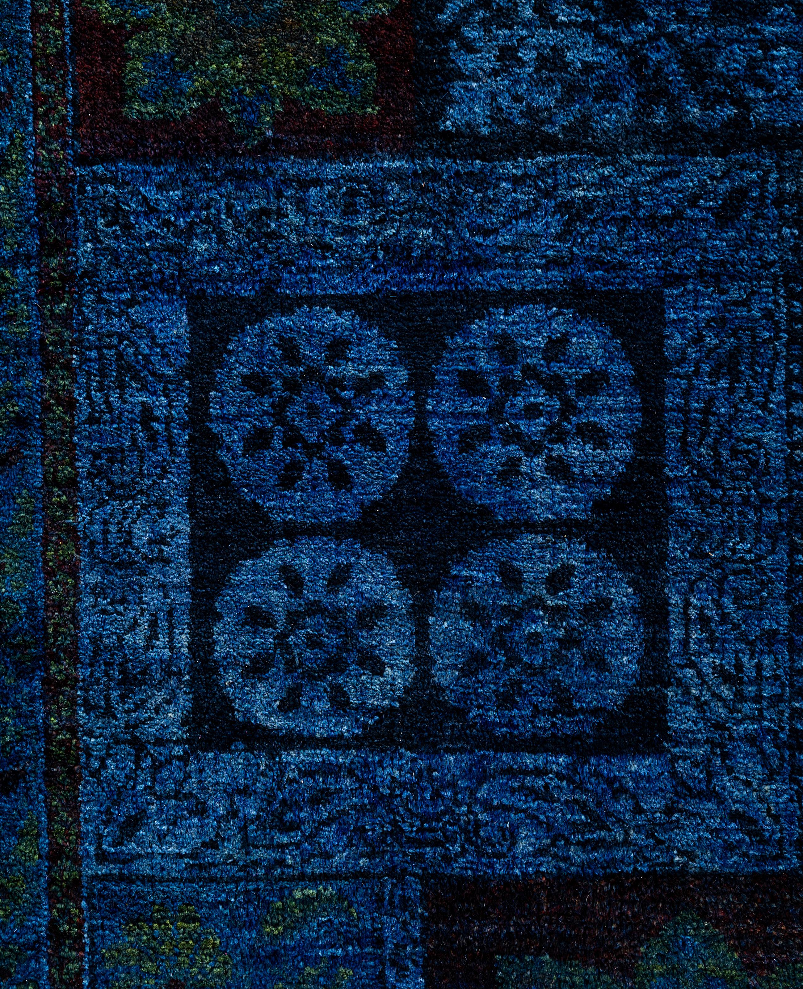 Pakistanais Tapis de sol en laine bleu Overdyed One-of-a-Kind 4' 10