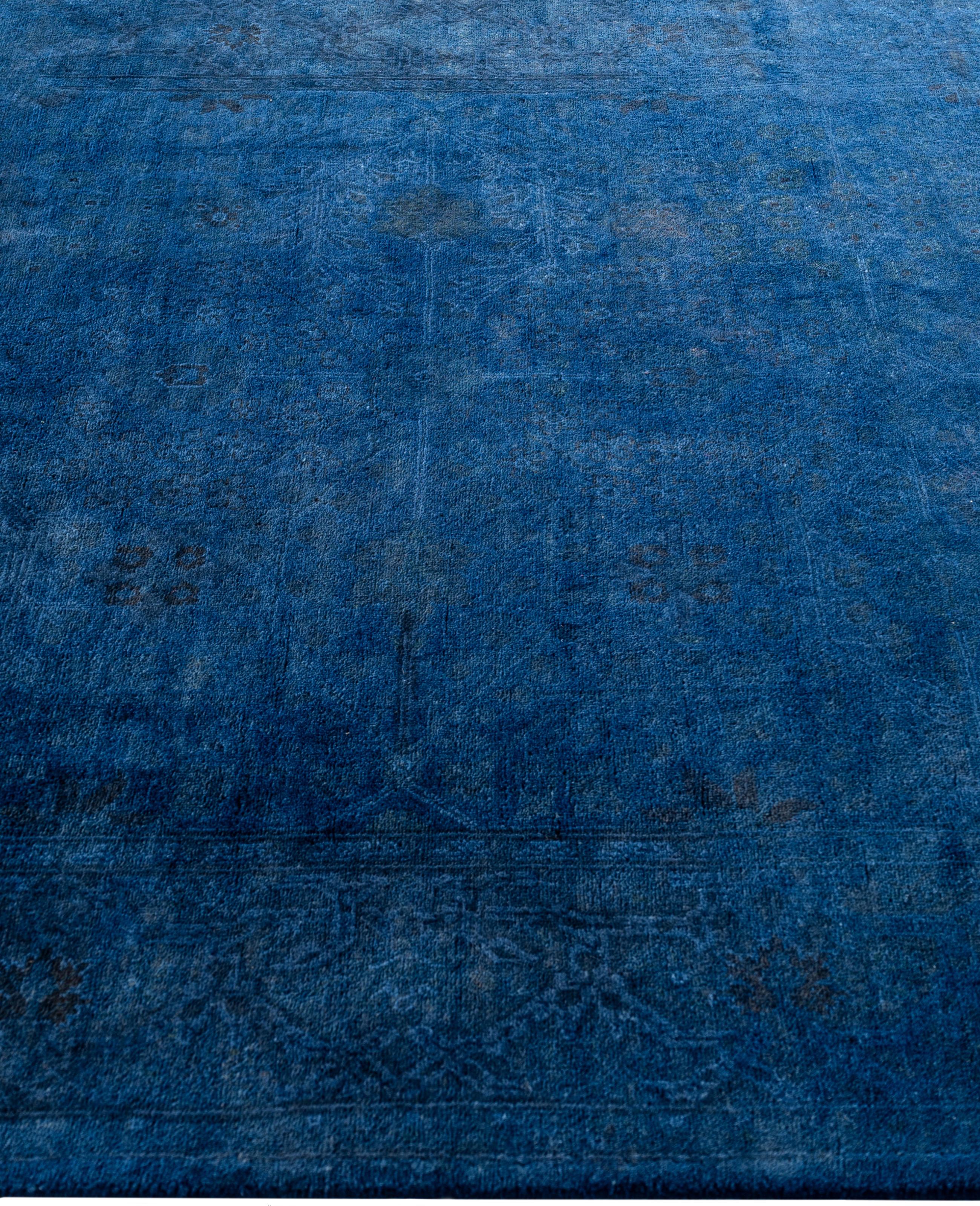 Hand-Knotted Overdyed One-of-a-Kind Wool Blue Area Rug 4' 2