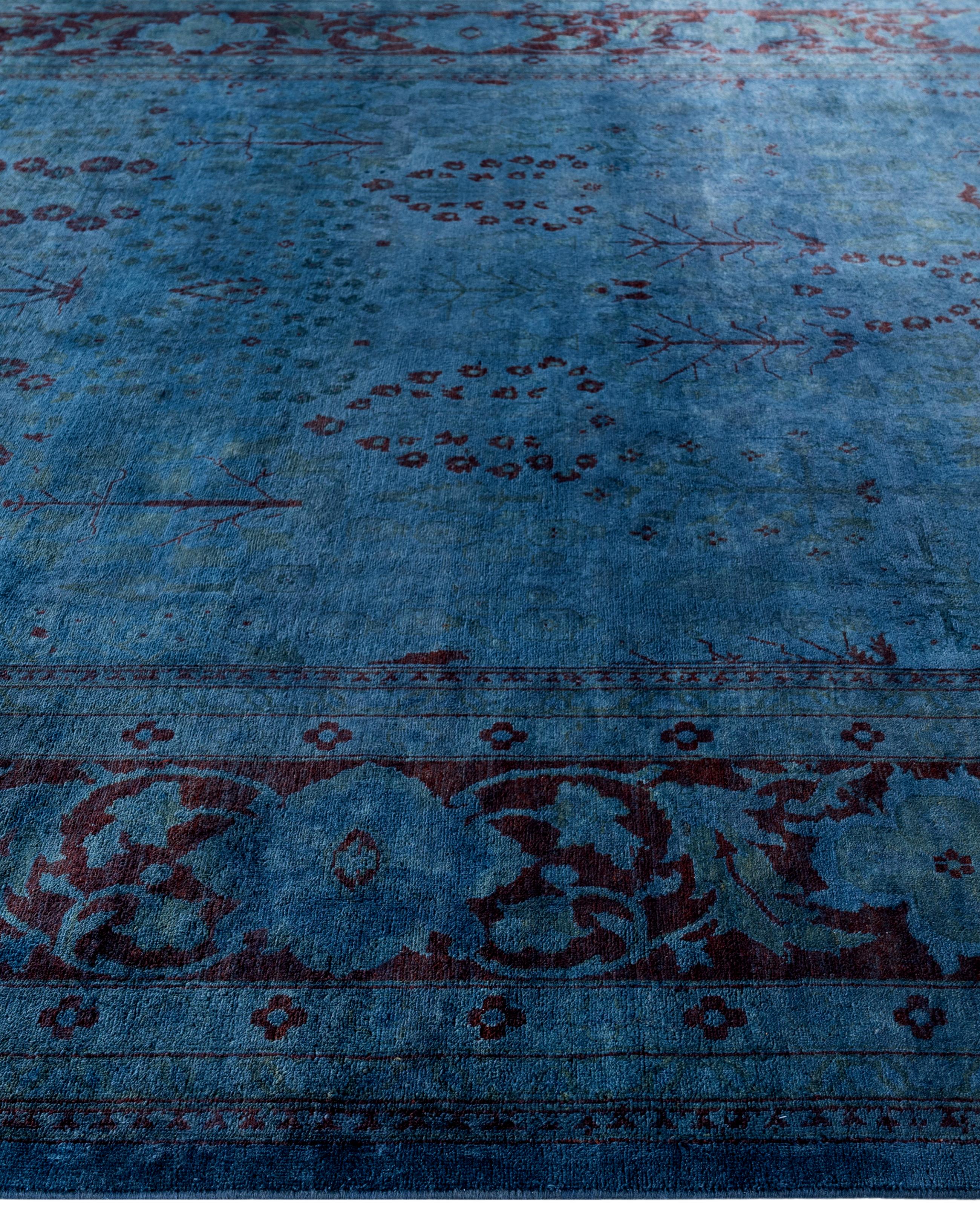 Annodato a mano Tappeto blu in lana unico Overdyed 9' 0