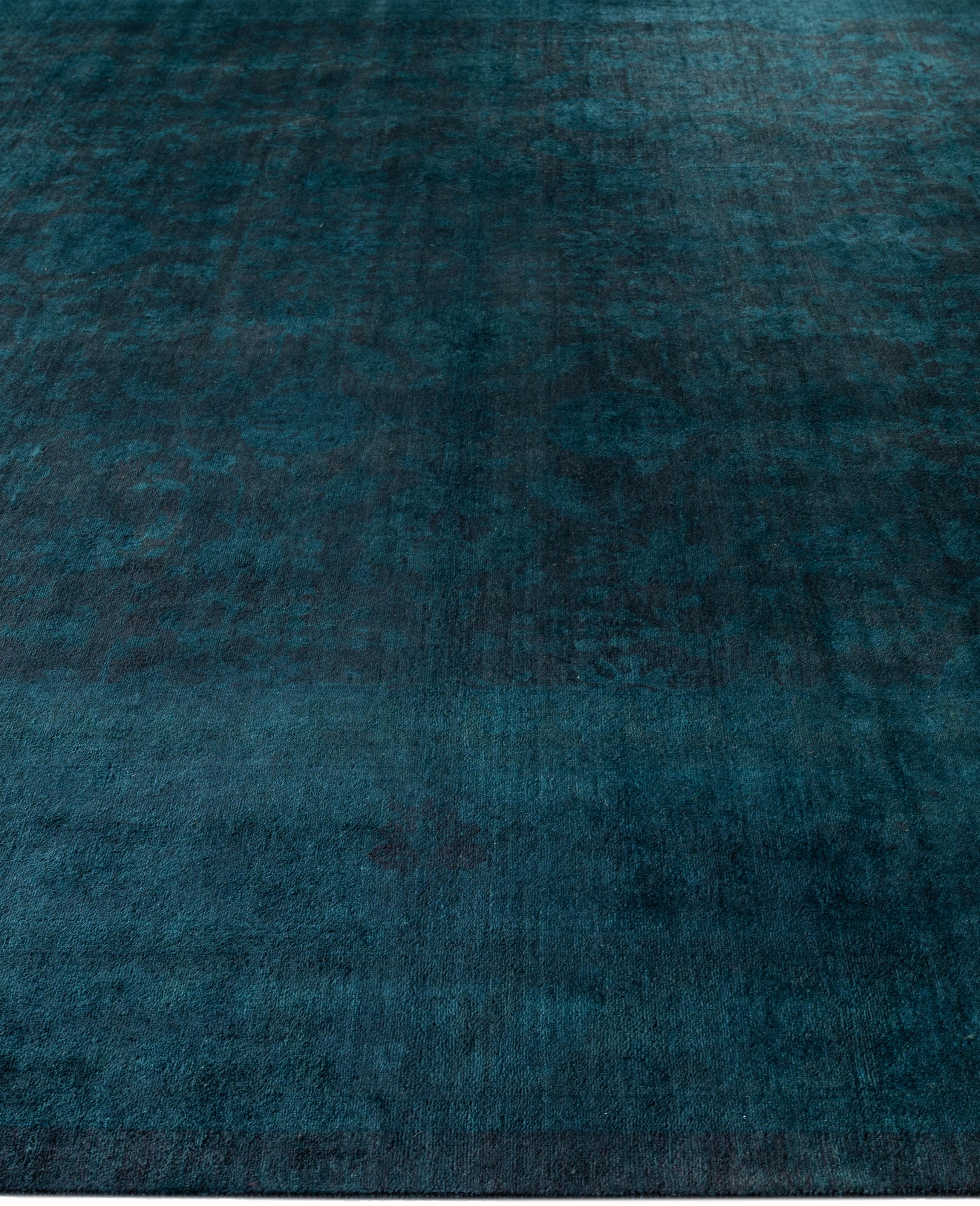 Hand-Knotted Overdyed One-of-a-Kind Wool Blue Area Rug 9' 2