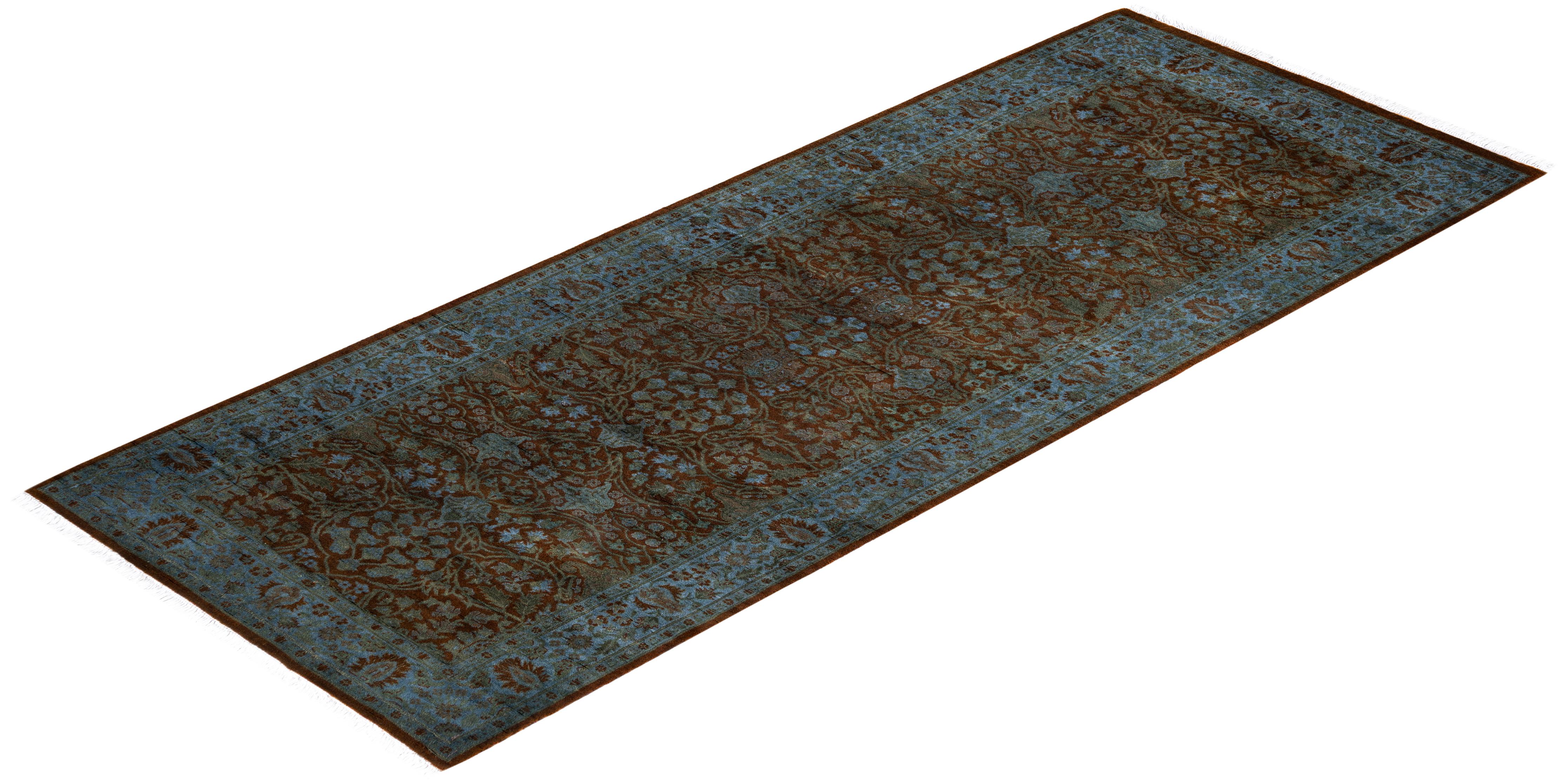 Overdyed One-of-a-Kind Wool Blue Runner 3' 0