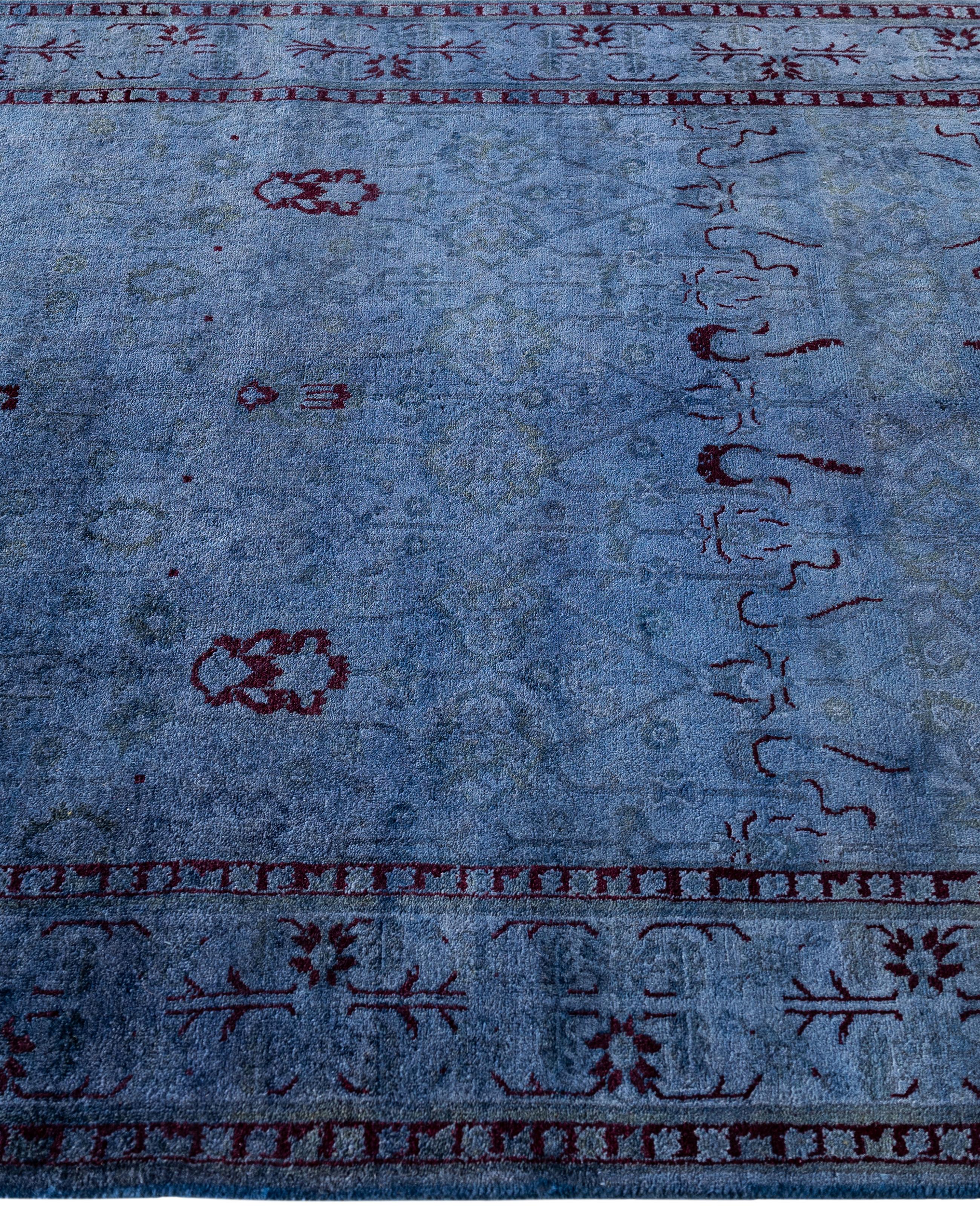 Hand-Knotted Overdyed One-of-a-Kind Wool Blue Runner 4' 1