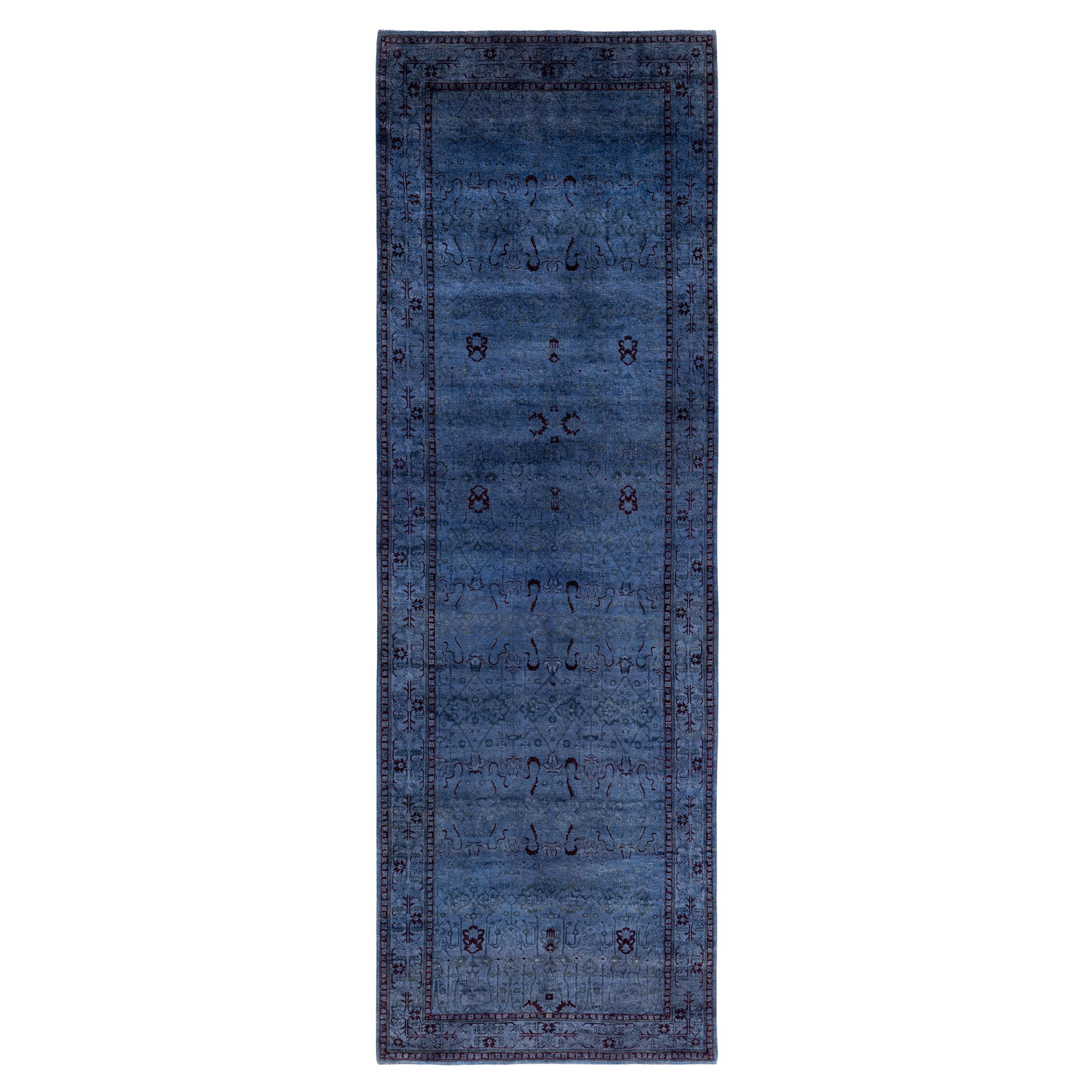 Overdyed One-of-a-Kind Wool Blue Runner 4' 1" x 12' 7" For Sale