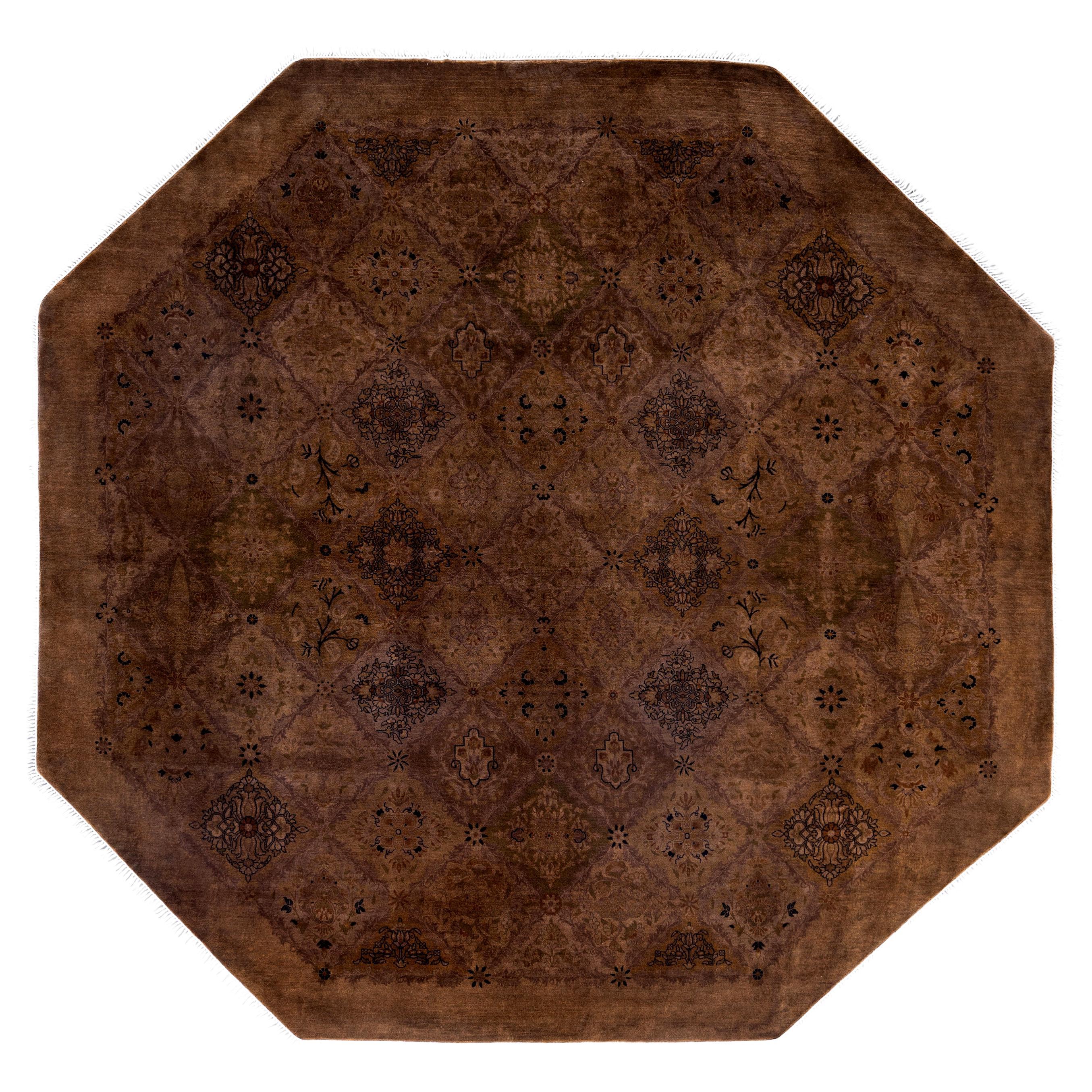 Overdyed One-of-a-Kind Wool Brown Octagon Area Rug 8' 1" x 8' 1"
