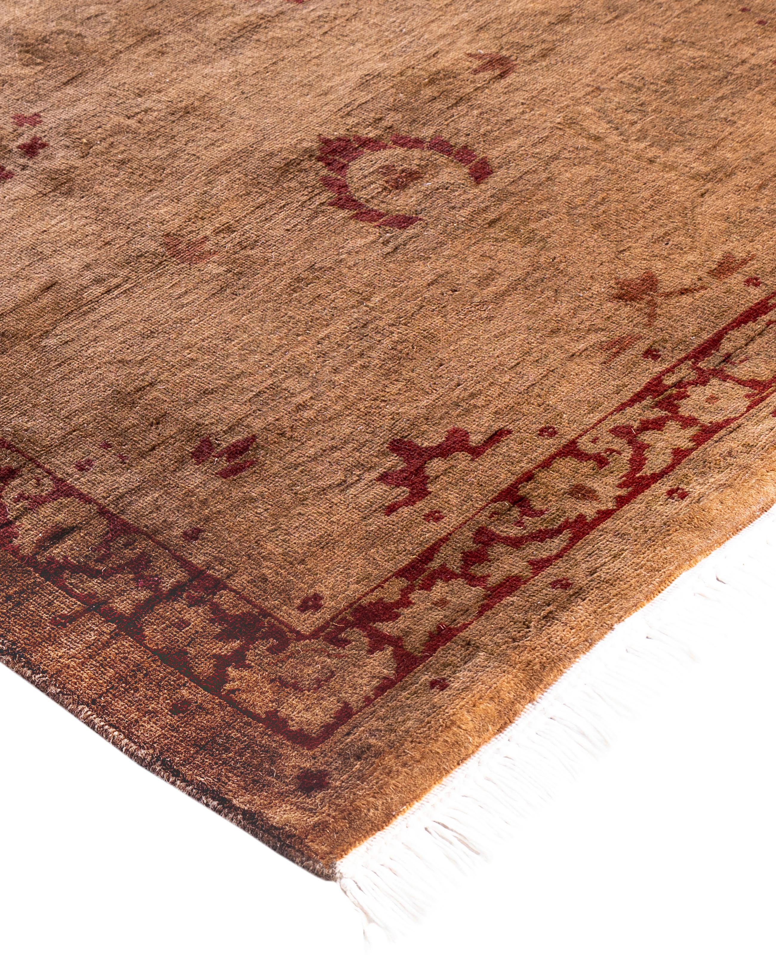 Over-dyed area rugs are created by taking vintage or traditional rugs and applying a vibrant, monochromatic dye over the existing patterns. This technique results in a bold, modern aesthetic while preserving the intricate designs beneath, blending