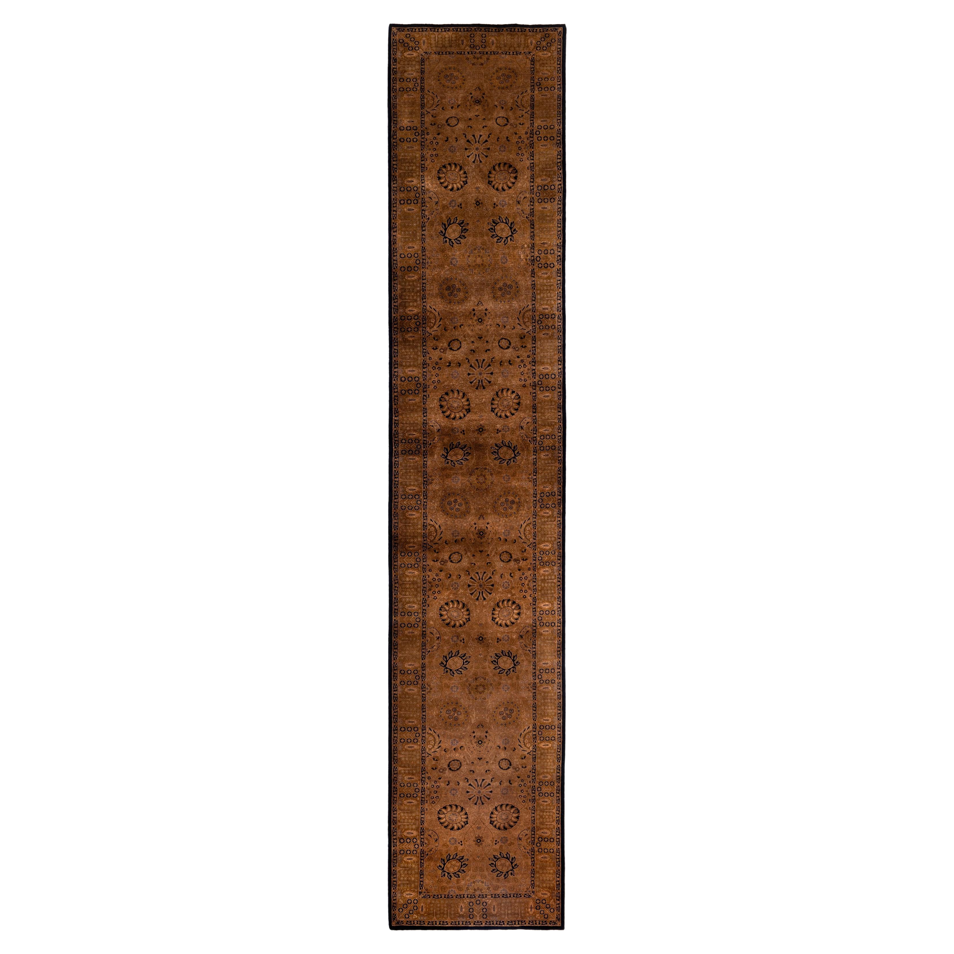 Overdyed One-of-a-Kind Wool Brown Runner 3' 2" x 16' 7" For Sale