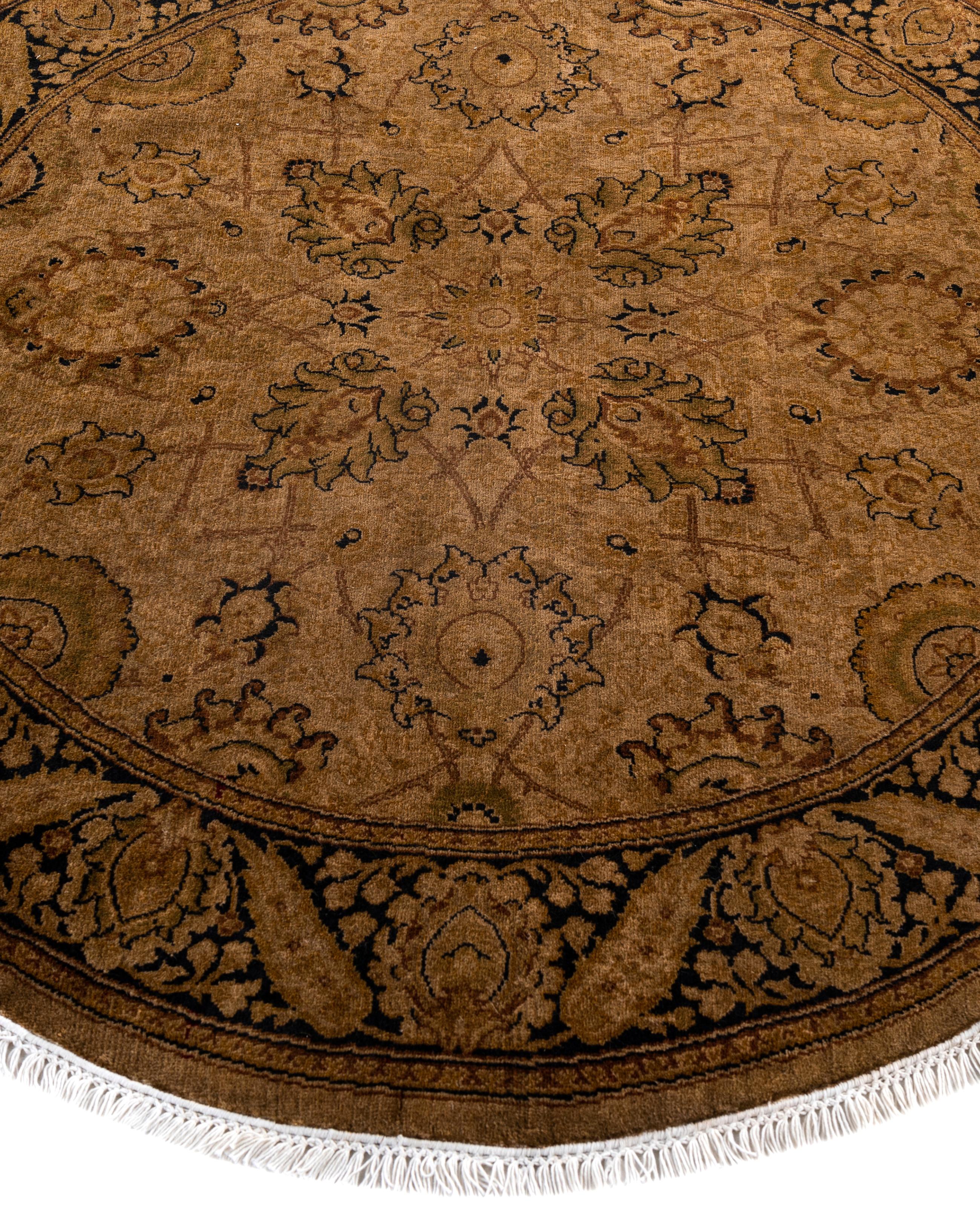 Hand-Knotted Overdyed One-of-a-Kind Wool Gold Round Area Rug 4' 1