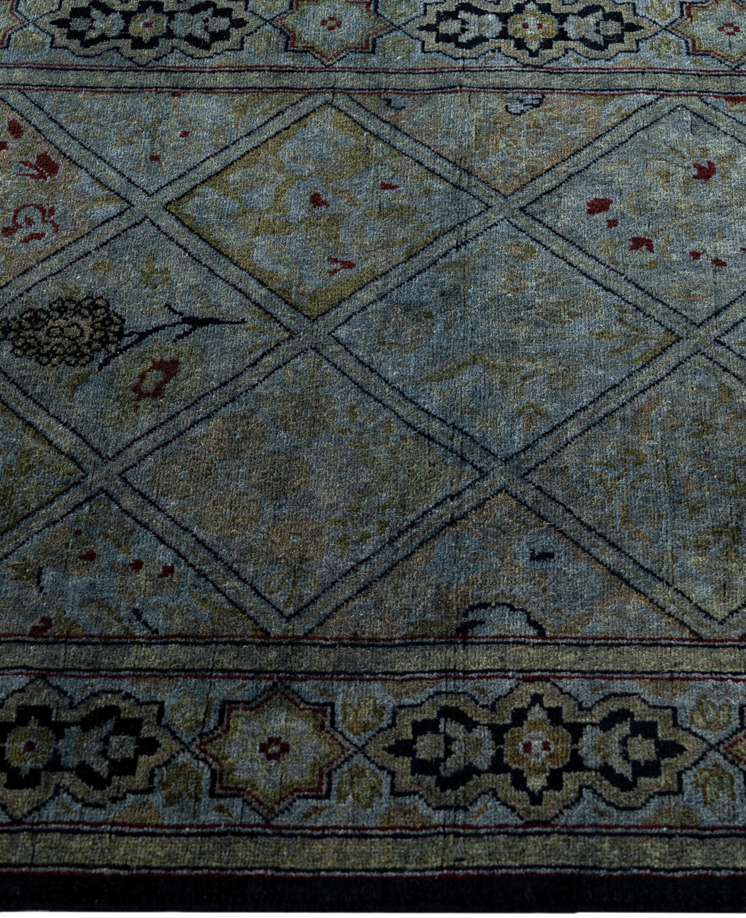 Noué à la main Tapis de sol en laine gris surteint et unique en son genre 2' 1