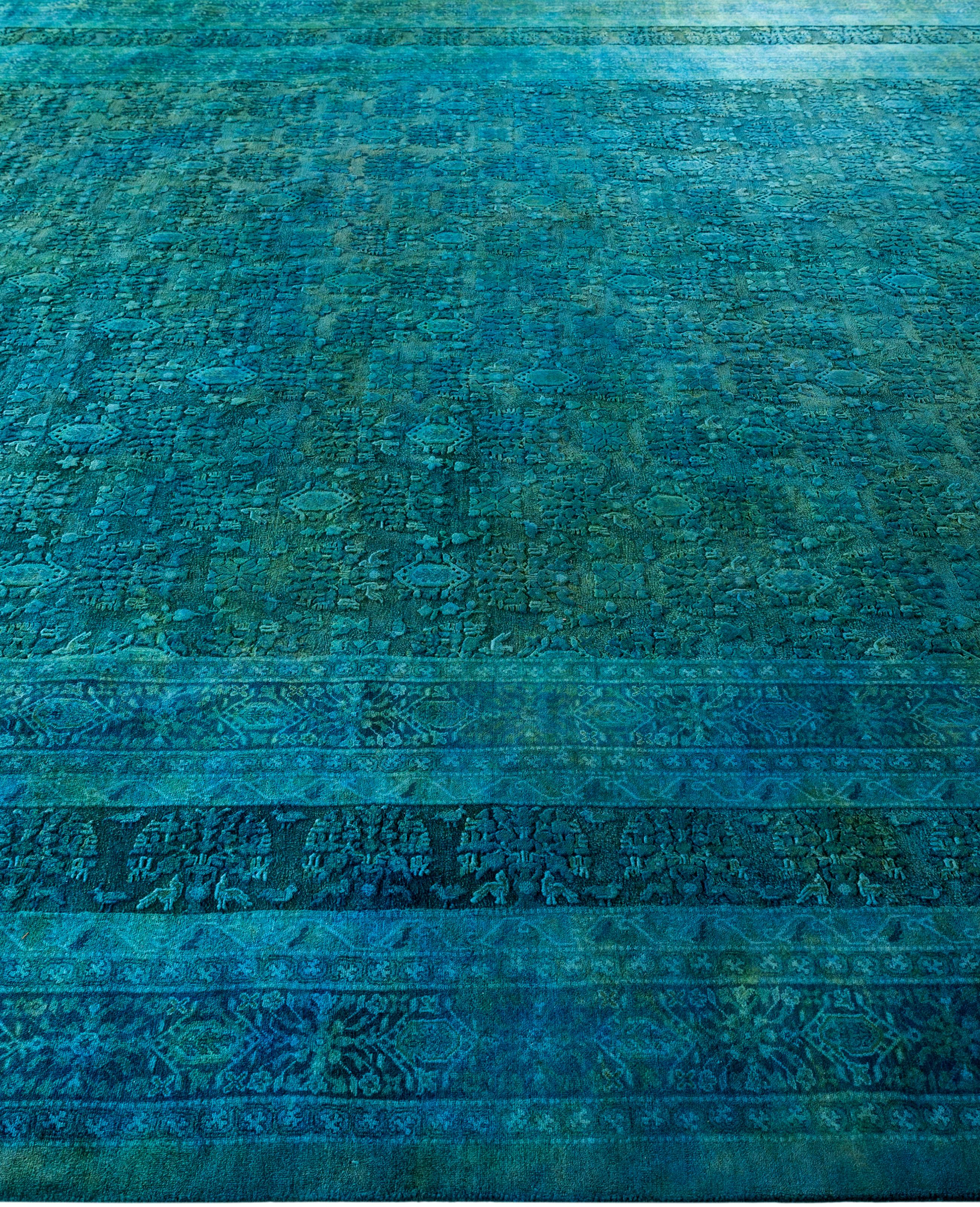 Hand-Knotted Overdyed One-of-a-Kind Wool Green Area Rug 10' 2