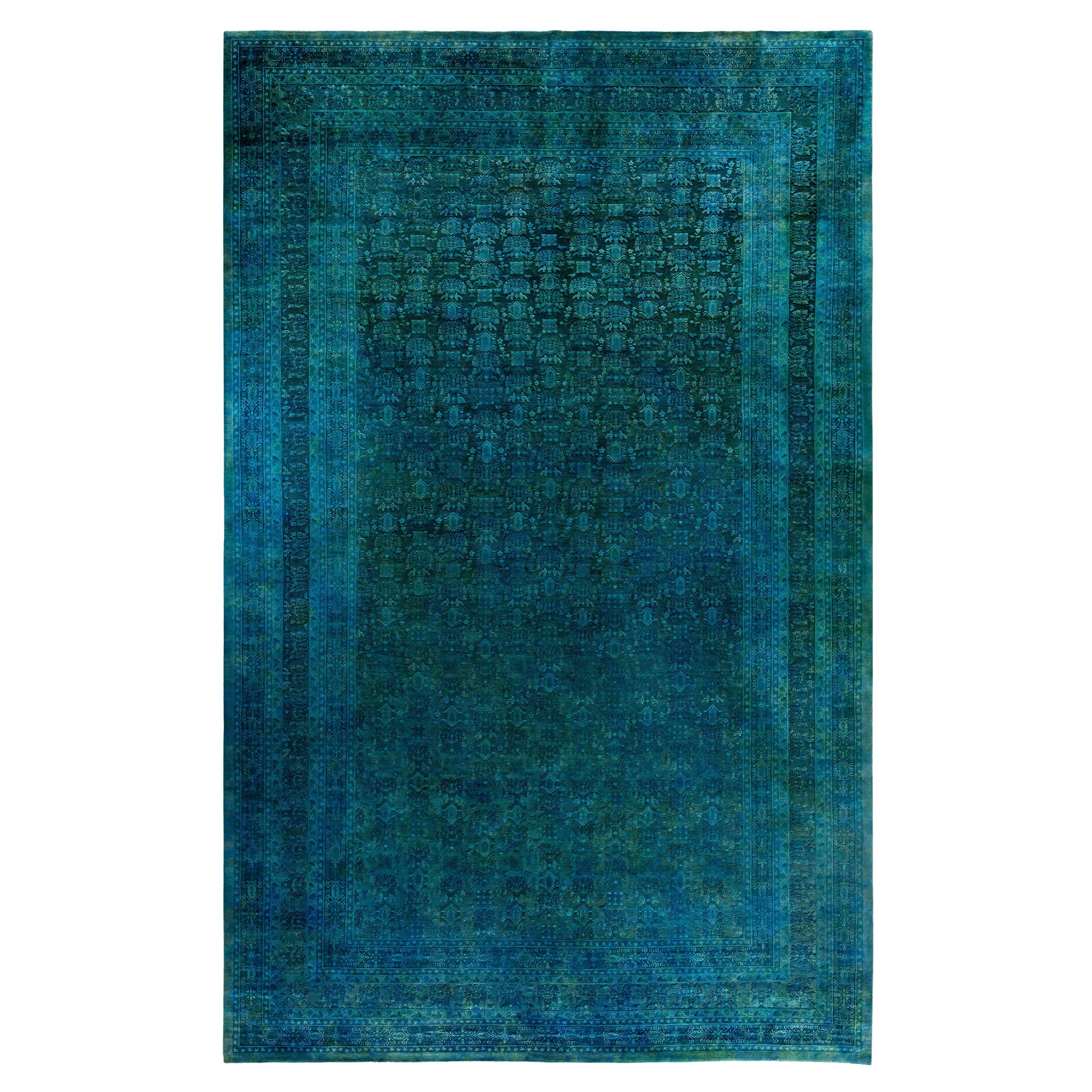 Overdyed One-of-a-Kind Wool Green Area Rug 10' 2" x 15' 10" For Sale