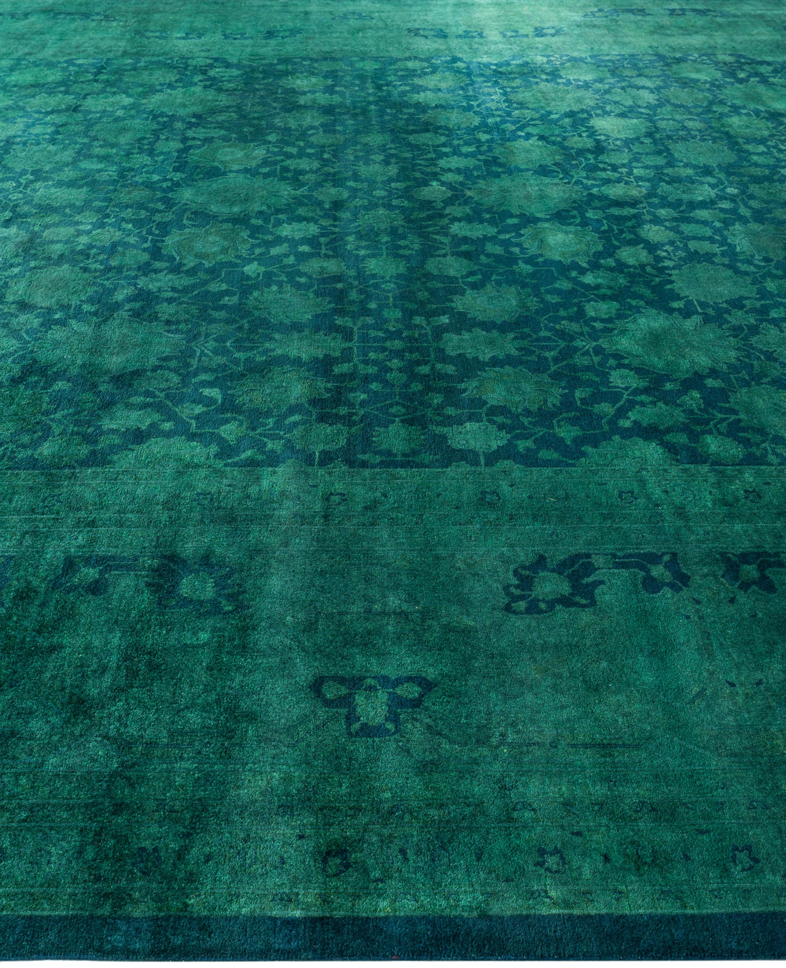 Hand-Knotted Overdyed One-of-a-Kind Wool Green Area Rug 12' 0