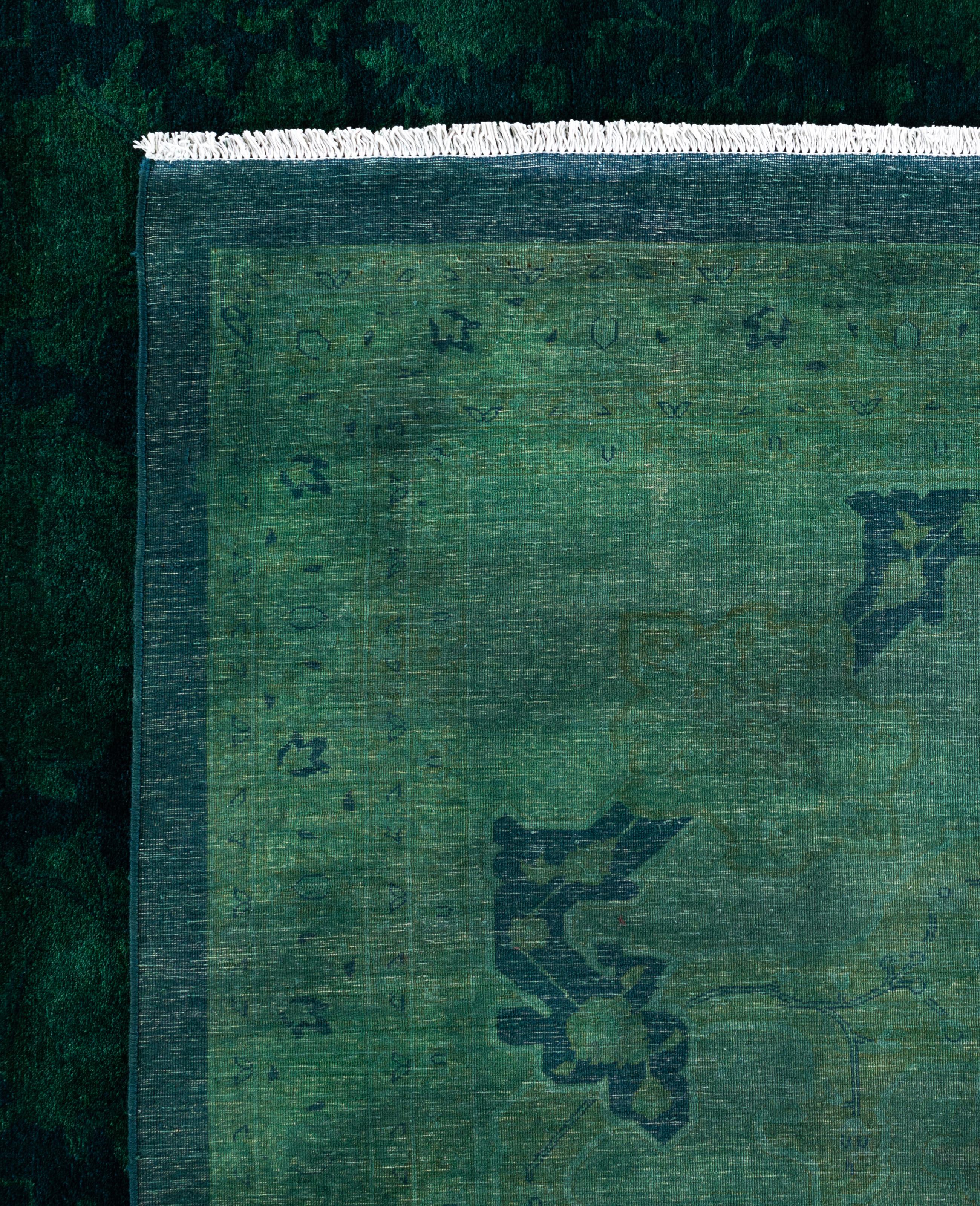 Overdyed One-of-a-Kind Wool Green Area Rug 12' 0