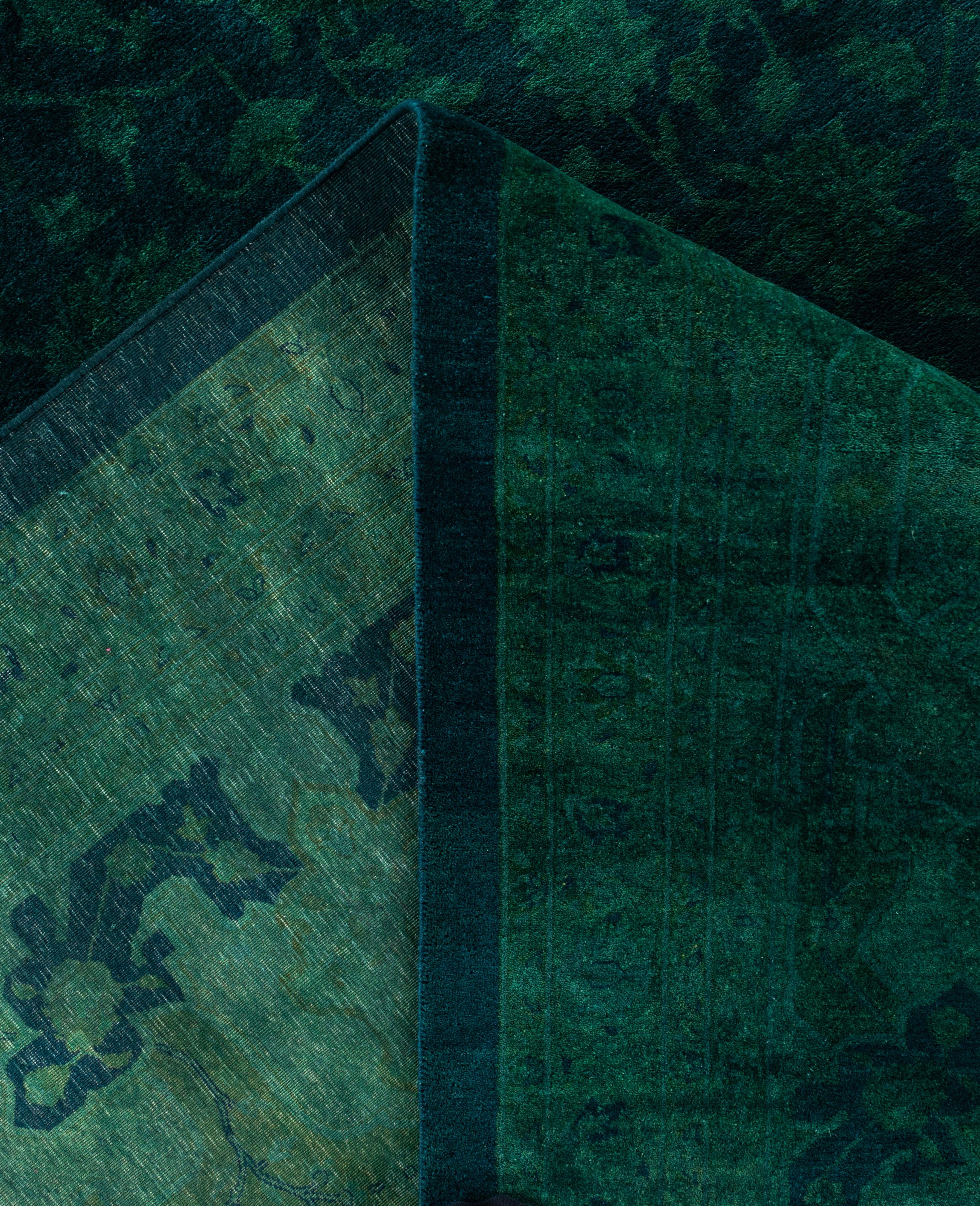 Contemporary Overdyed One-of-a-Kind Wool Green Area Rug 12' 0