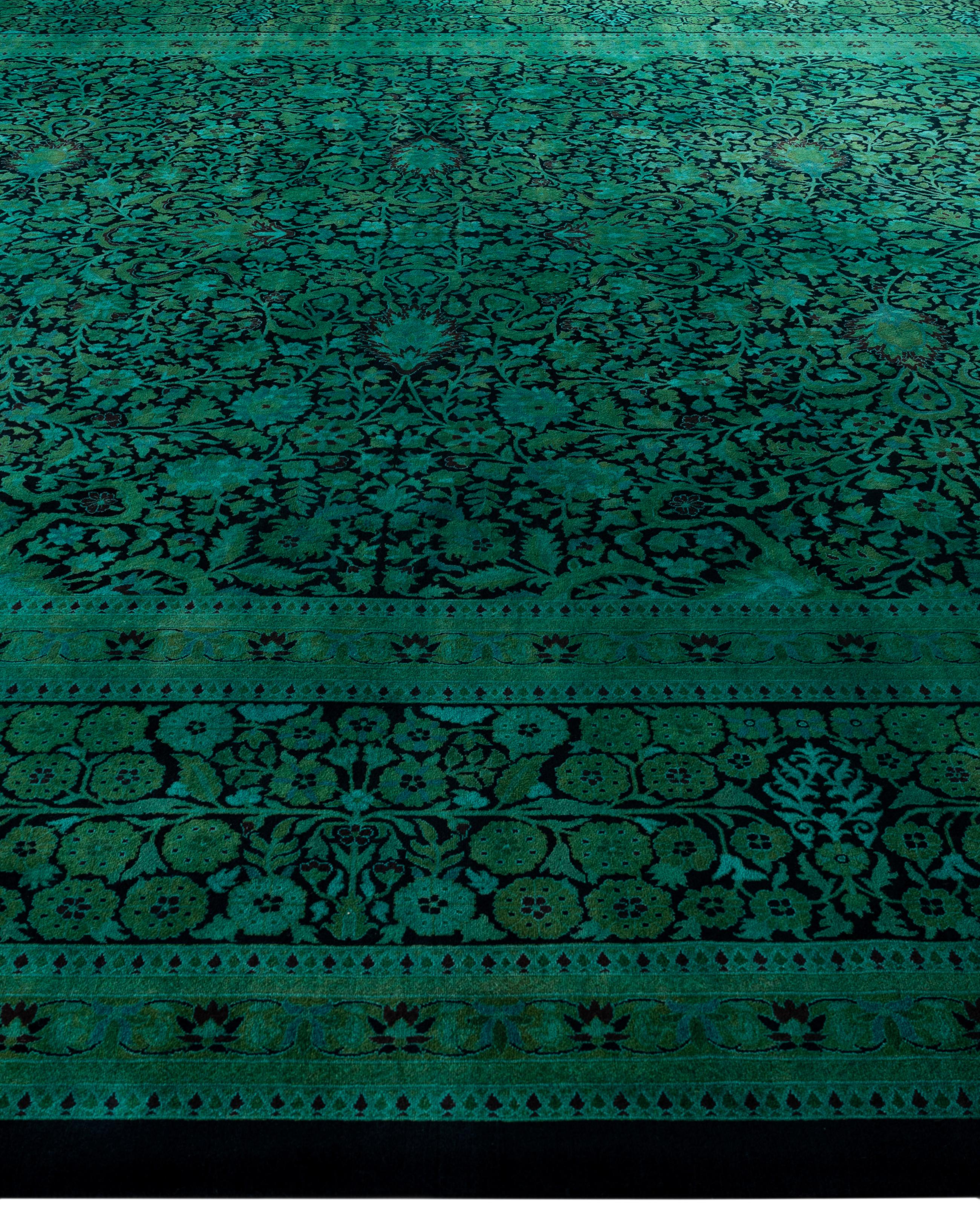 Hand-Knotted Overdyed One-of-a-Kind Wool Green Area Rug 12' 0