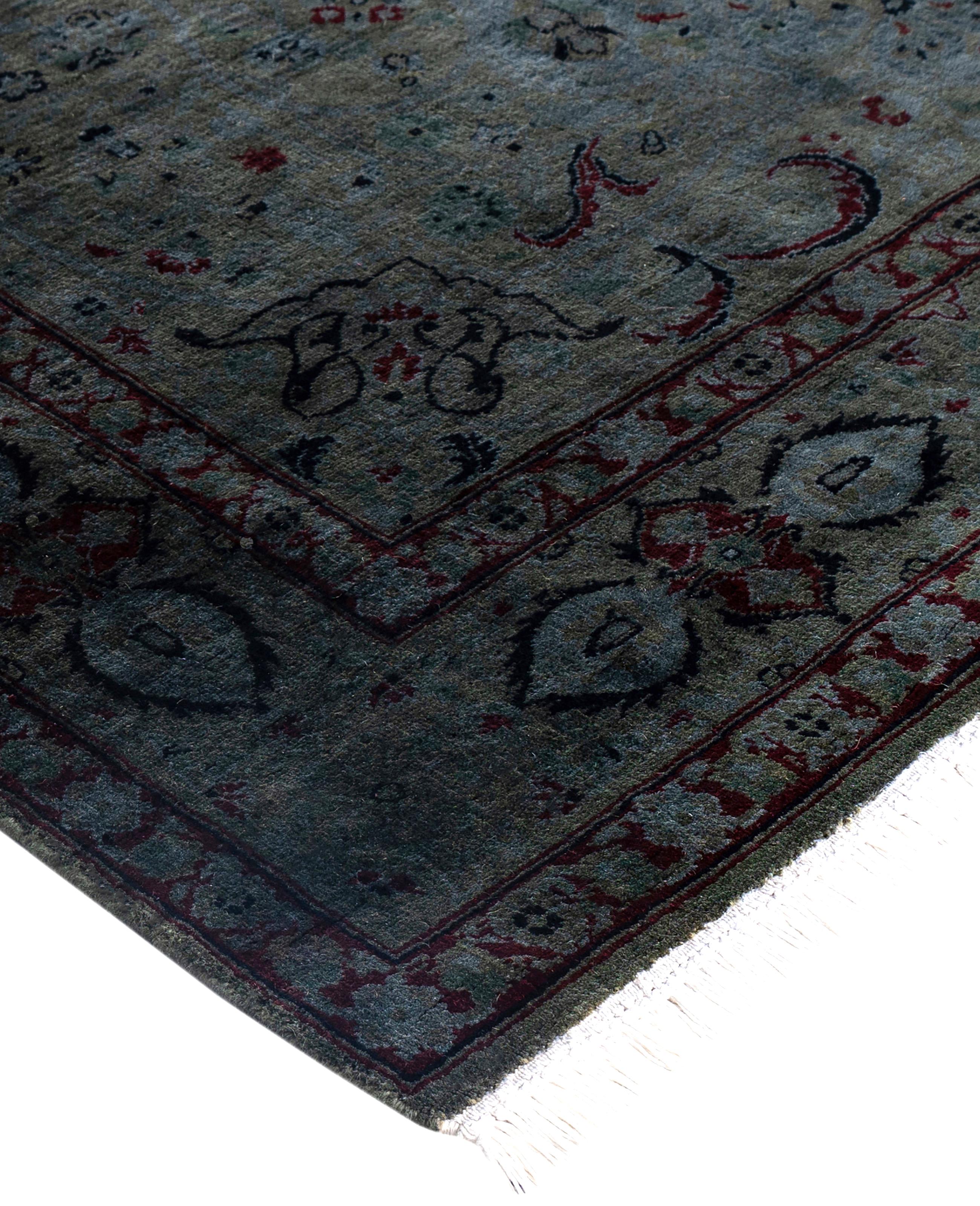 Over-dyed area rugs are created by taking vintage or traditional rugs and applying a vibrant, monochromatic dye over the existing patterns. This technique results in a bold, modern aesthetic while preserving the intricate designs beneath, blending