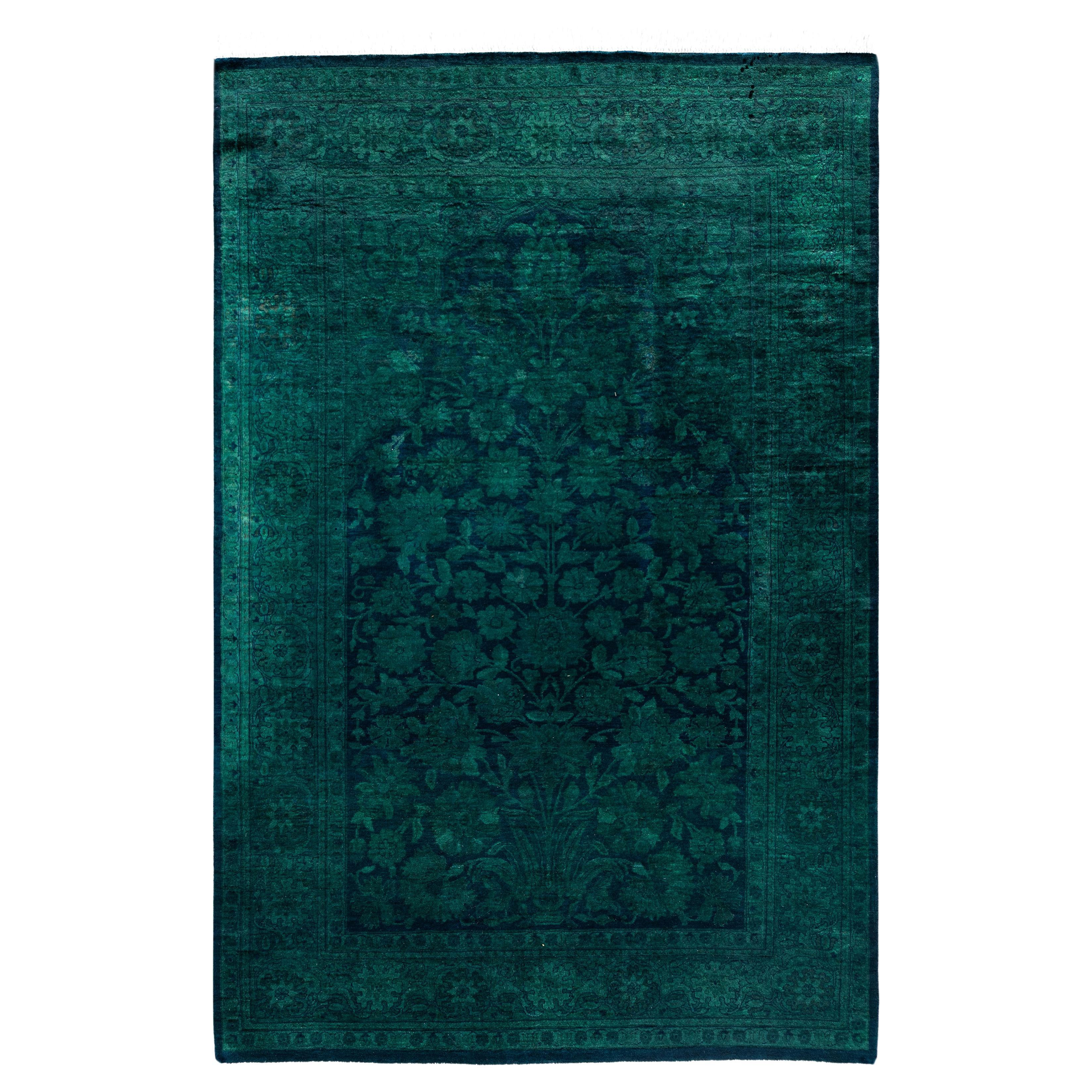 Tapis de sol en laine surteint et unique en son genre, vert 4' 2" x 6' 3"