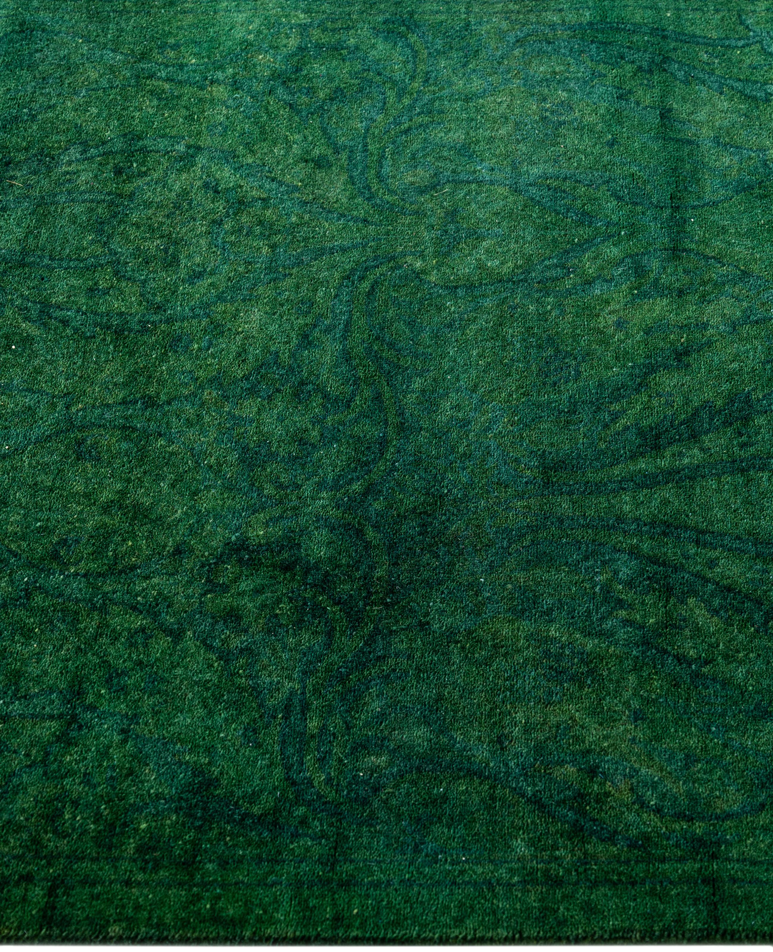 Hand-Knotted Overdyed One-of-a-Kind Wool Green Runner 2' 7