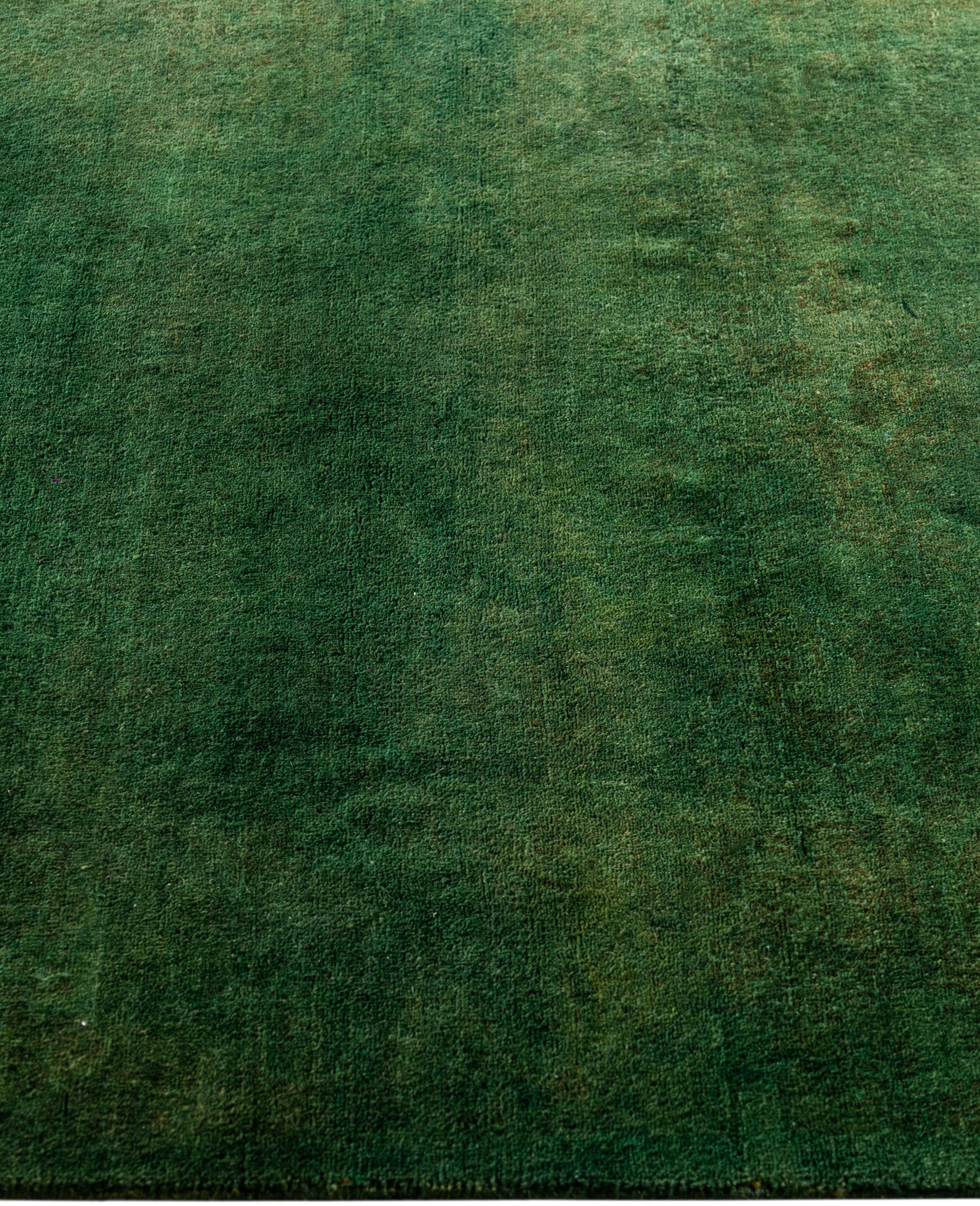 Hand-Knotted Overdyed One-of-a-Kind Wool Green Runner 2' 9