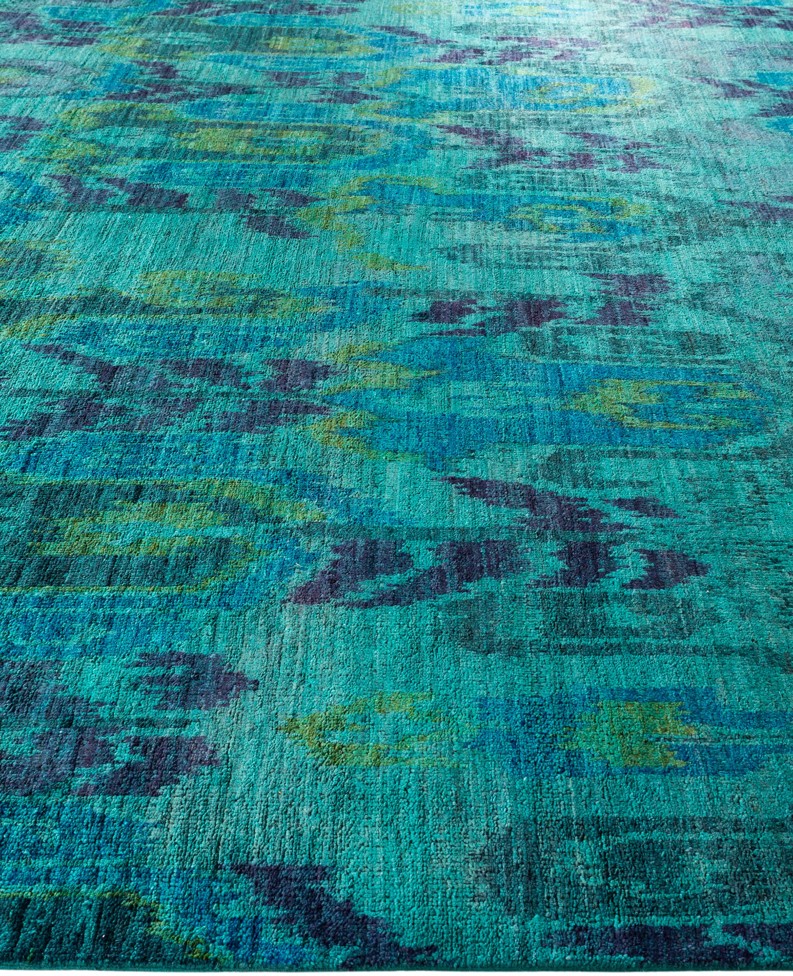 Hand-Knotted Overdyed One-of-a-Kind Wool Green Square Area Rug 11' 9