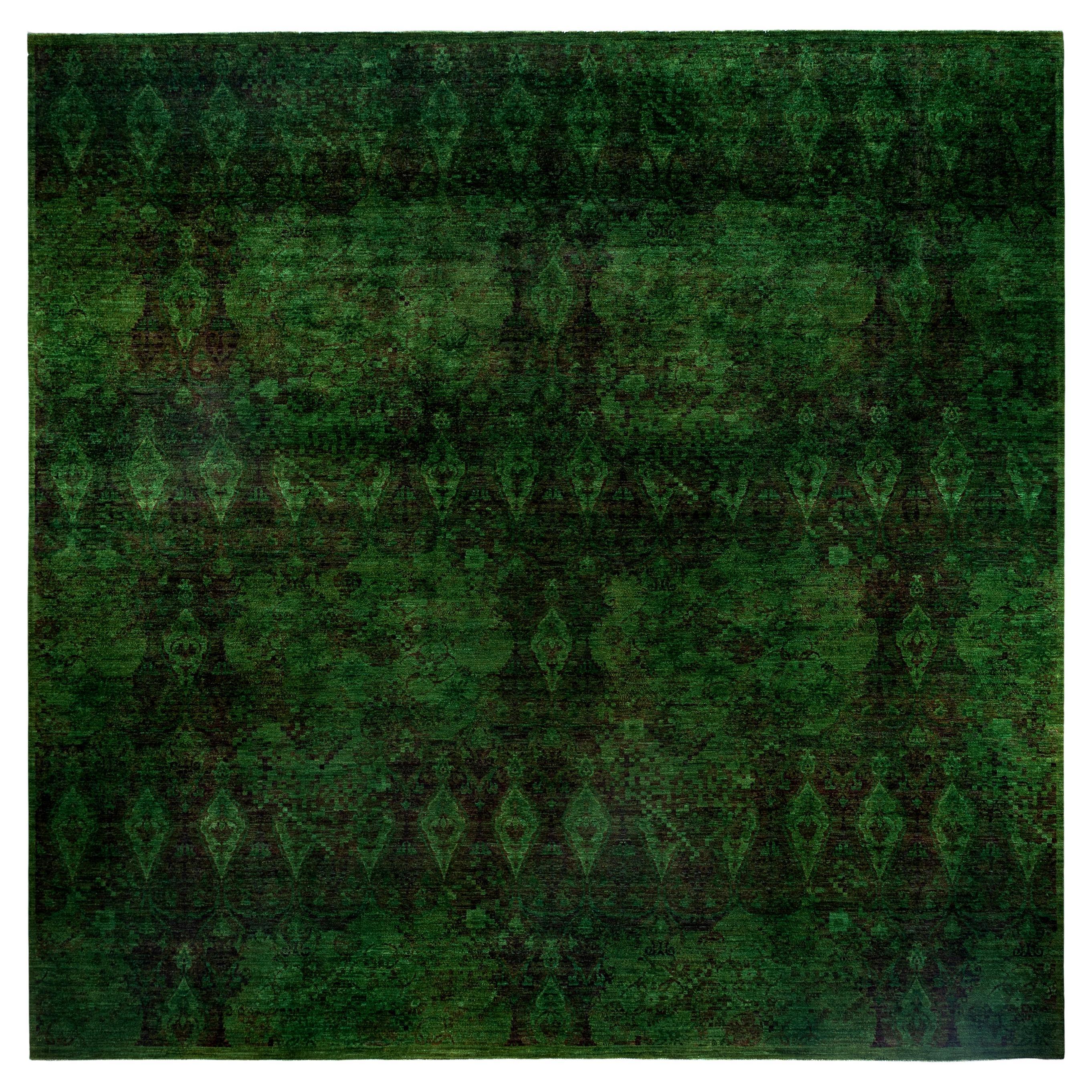 Overdyed One-of-a-Kind Wool Green Square Area Rug 12' 1" x 12' 2" For Sale