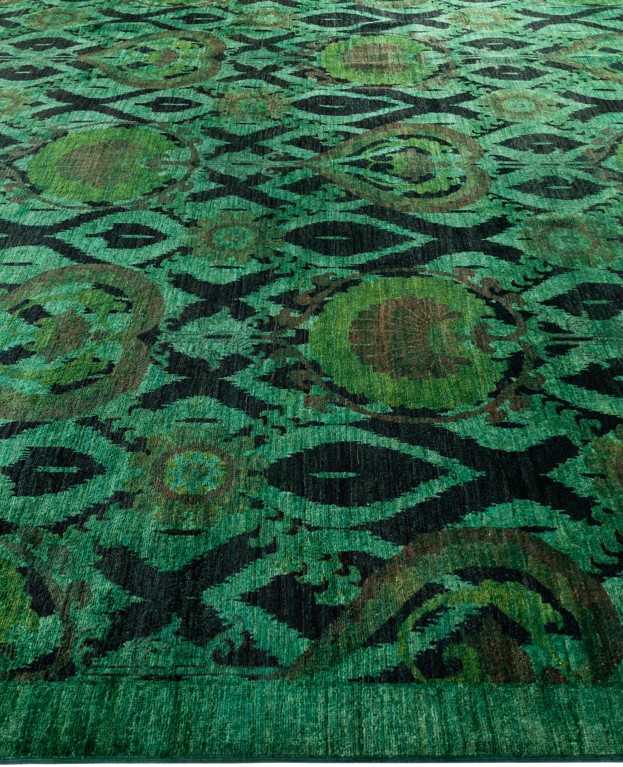 Hand-Knotted Overdyed One-of-a-Kind Wool Green Square Area Rug 9' 10