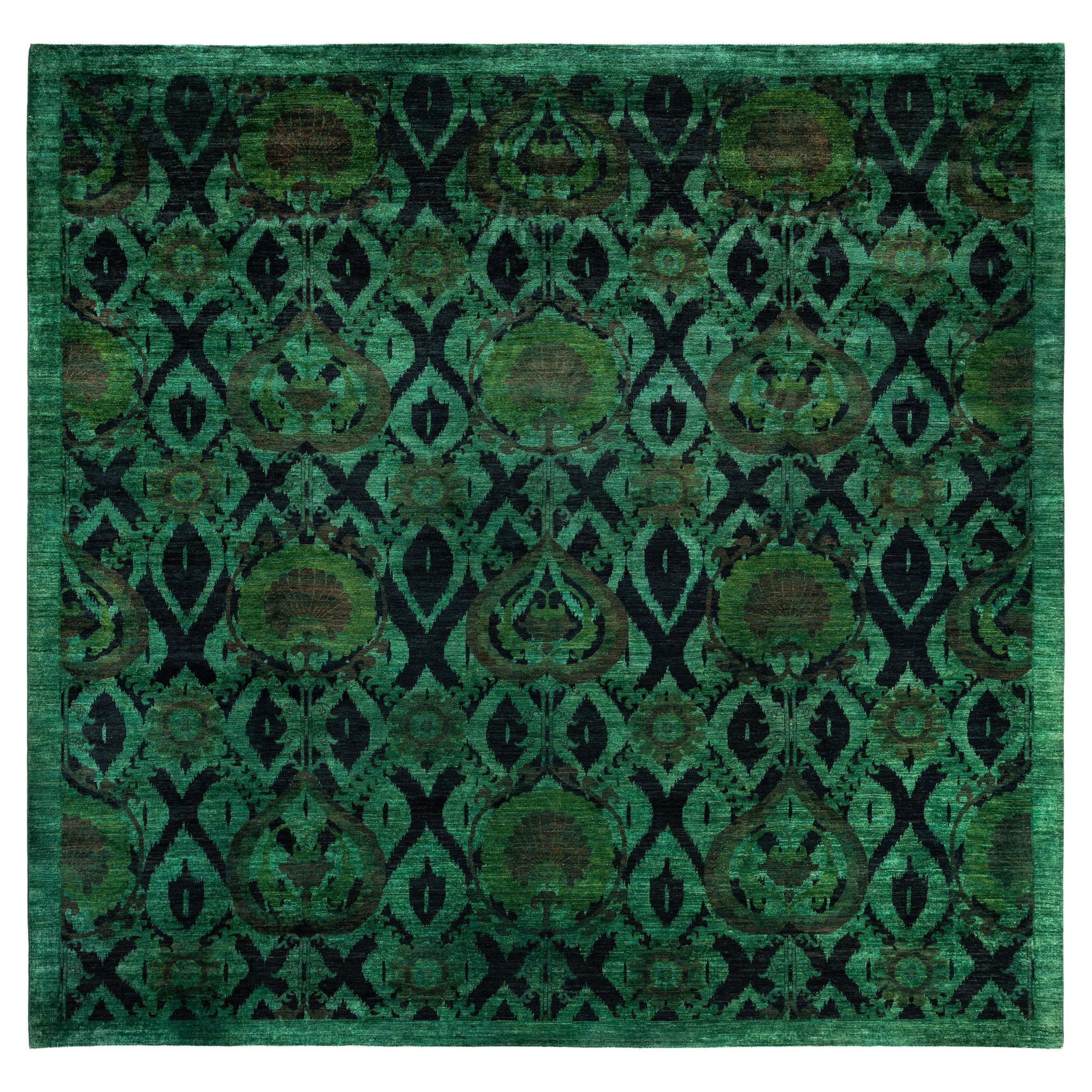 Overdyed One-of-a-Kind Wool Green Square Area Rug 9' 10" x 10' 3" For Sale