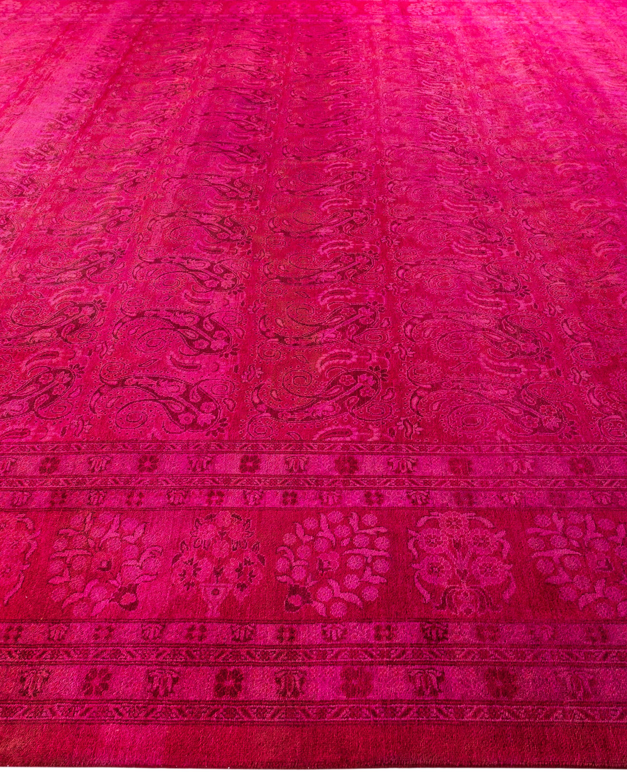 Hand-Knotted Overdyed One-of-a-Kind Wool Pink Area Rug 12' 2