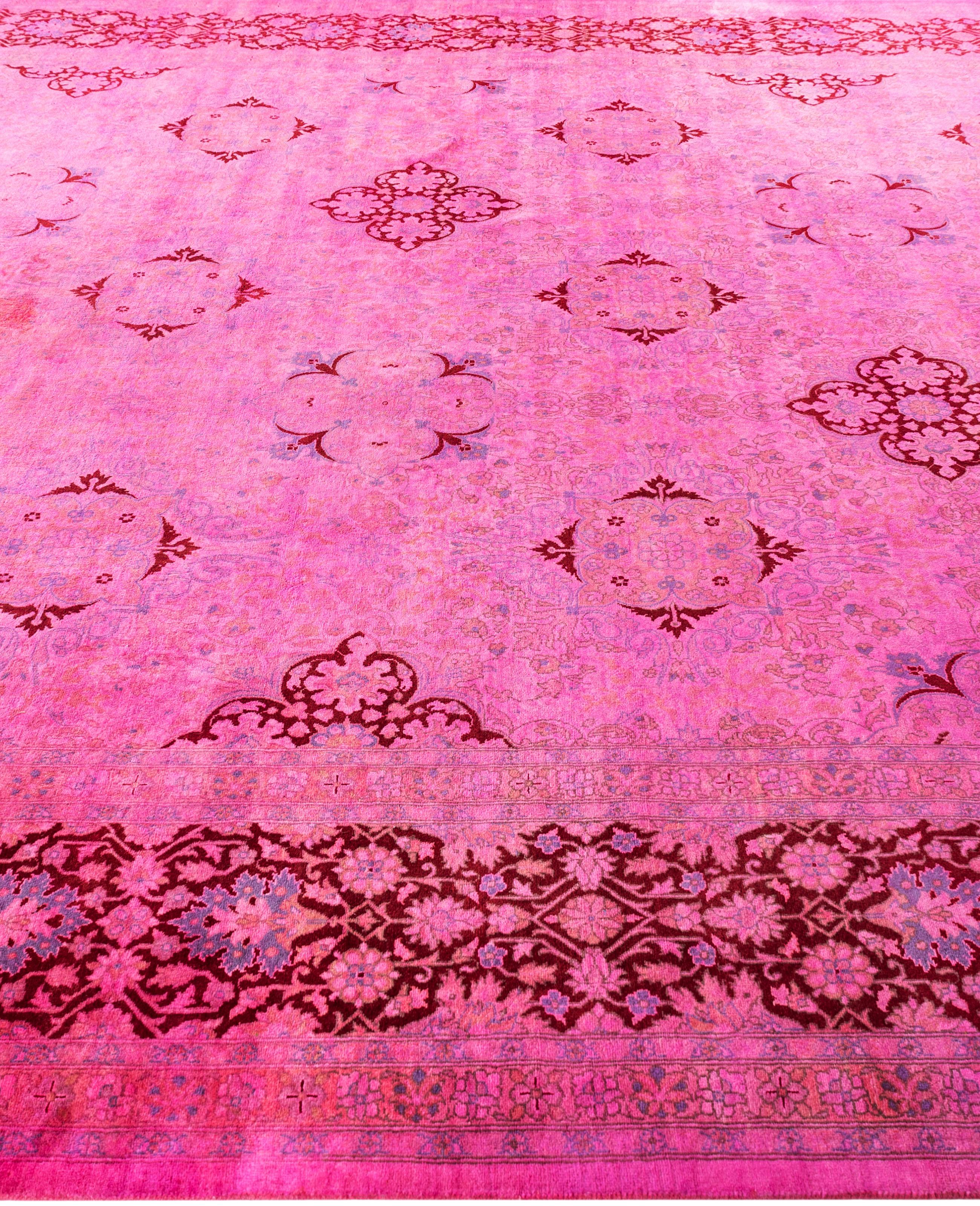 Noué à la main Tapis de sol en laine surteint et unique en son genre rose 9' 1