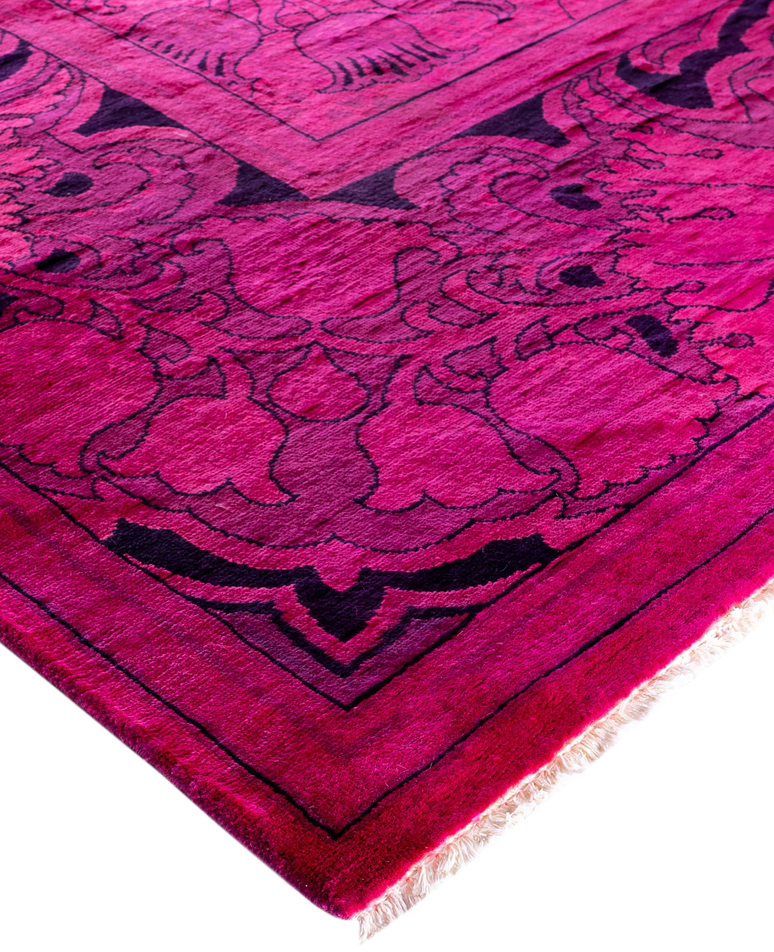 Over-dyed area rugs are created by taking vintage or traditional rugs and applying a vibrant, monochromatic dye over the existing patterns. This technique results in a bold, modern aesthetic while preserving the intricate designs beneath, blending