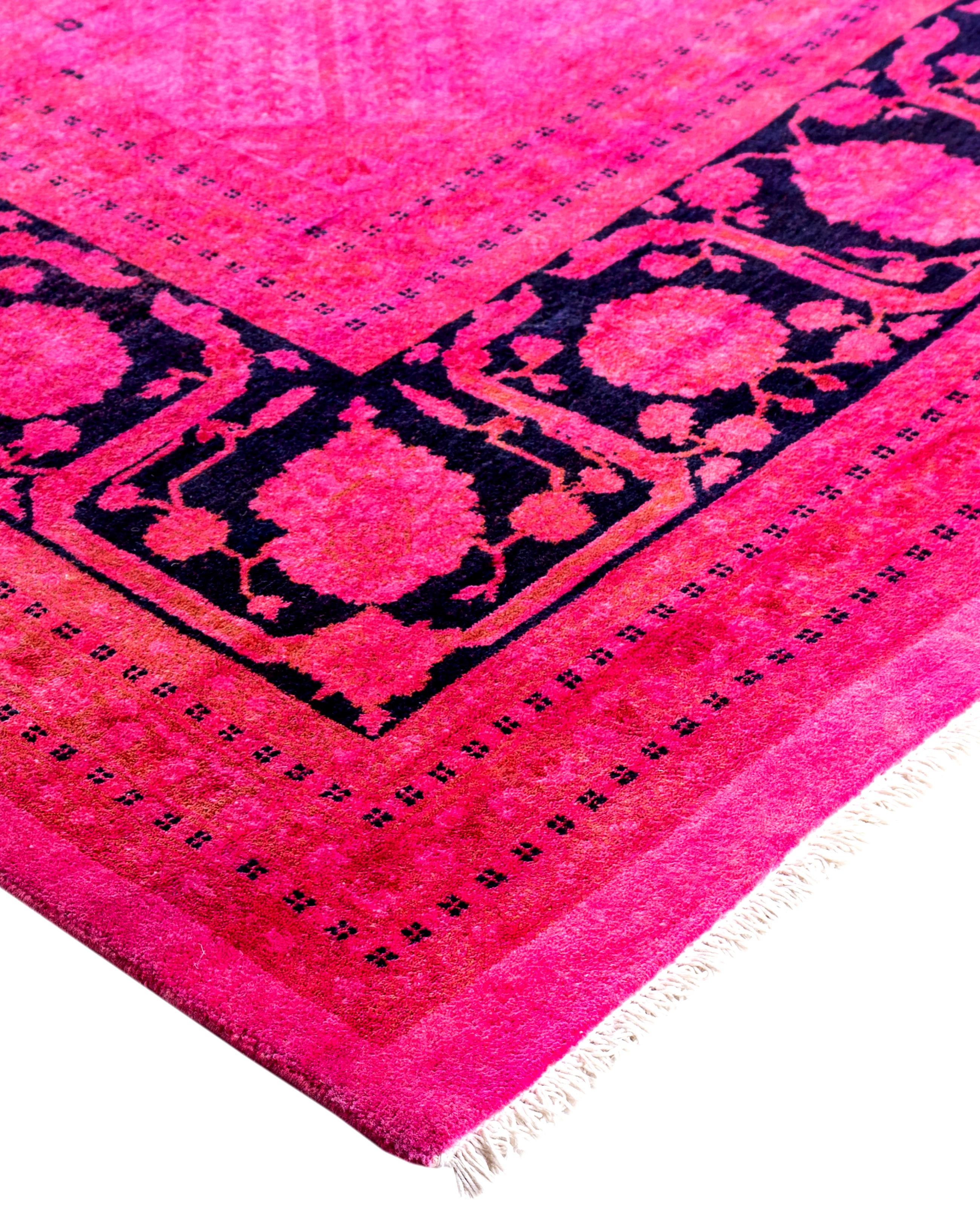 Over-dyed area rugs are created by taking vintage or traditional rugs and applying a vibrant, monochromatic dye over the existing patterns. This technique results in a bold, modern aesthetic while preserving the intricate designs beneath, blending
