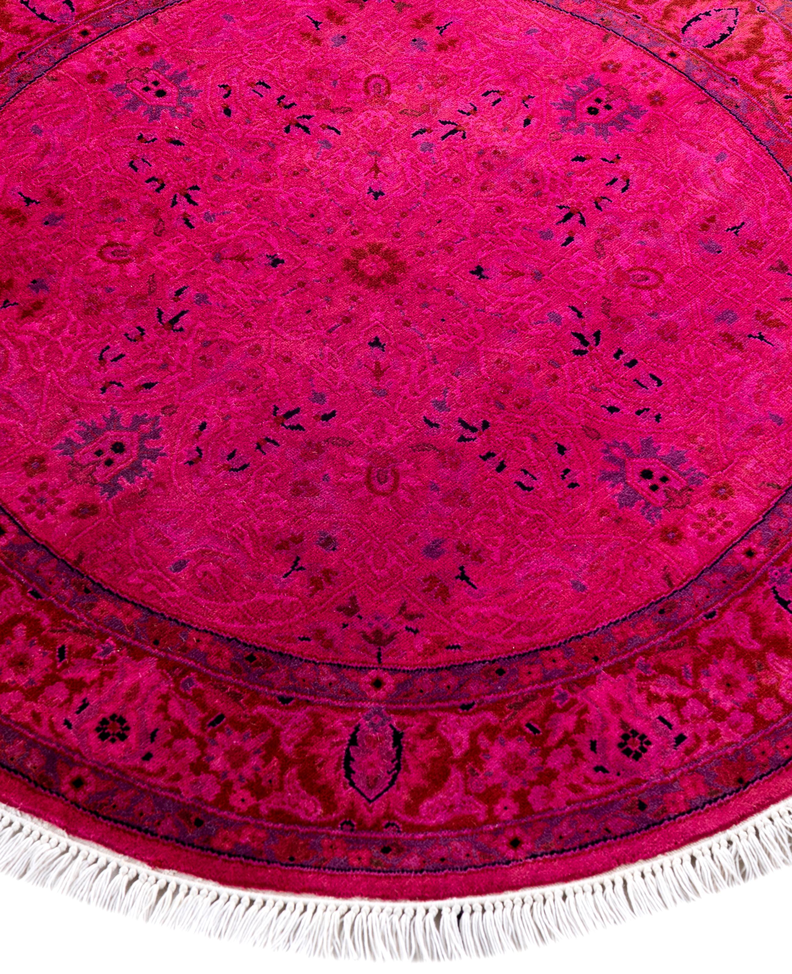 Hand-Knotted Overdyed One-of-a-Kind Wool Pink Round Area Rug 3' 1