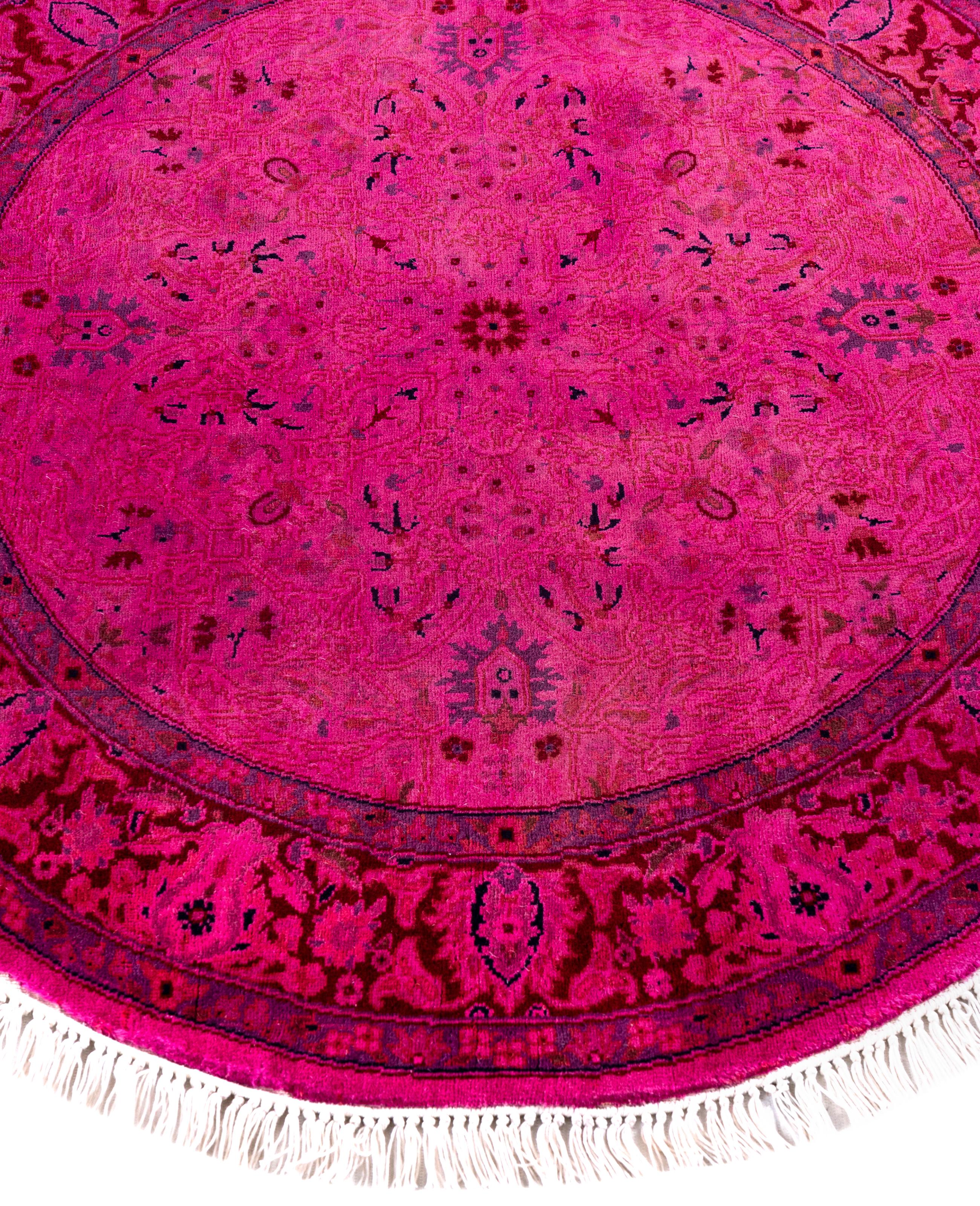 Hand-Knotted Overdyed One-of-a-Kind Wool Pink Round Area Rug 3' 1