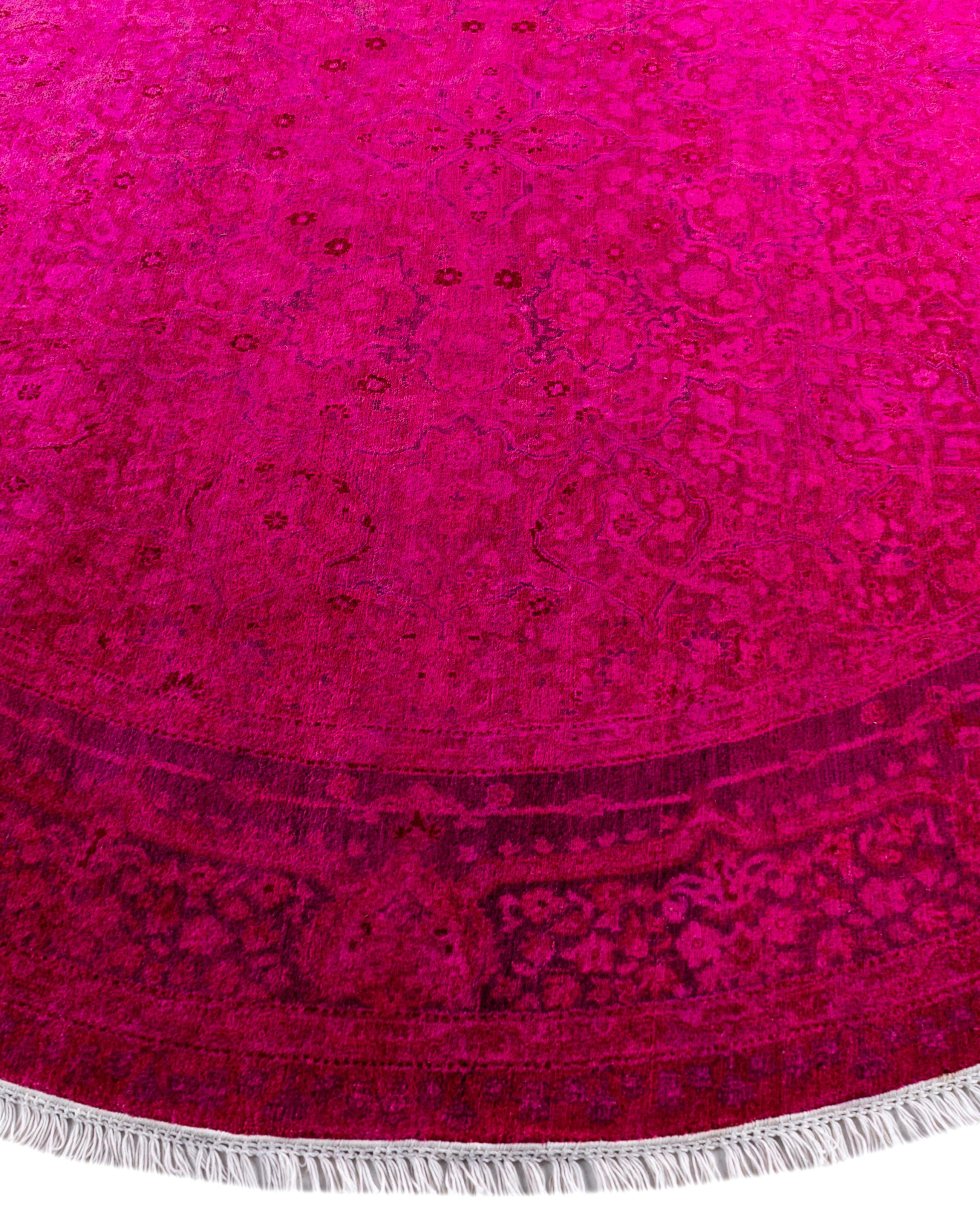 Annodato a mano Tappeto tondo in lana rosa Overdyed One-of-a-Kind 7' 1