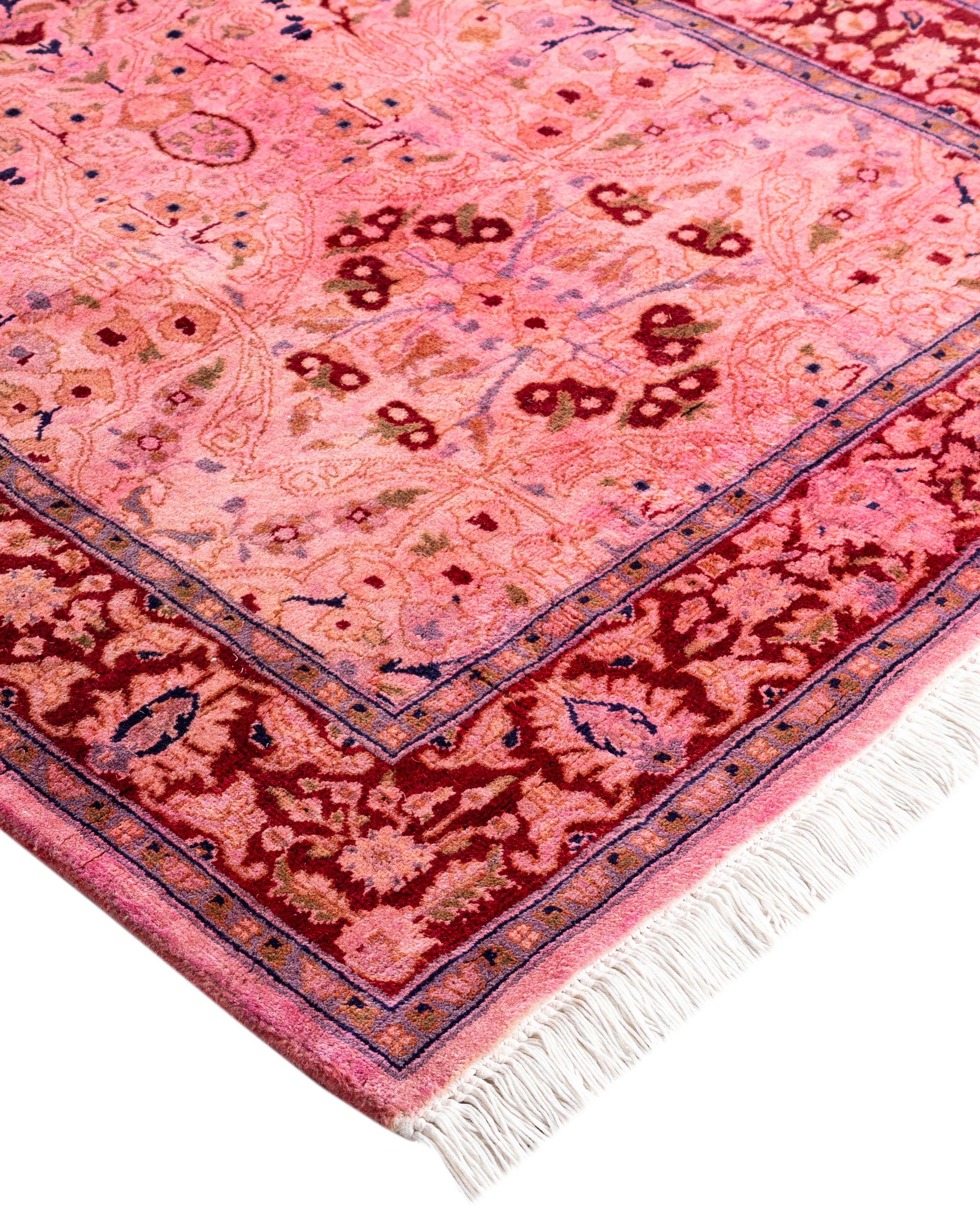 Over-dyed area rugs are created by taking vintage or traditional rugs and applying a vibrant, monochromatic dye over the existing patterns. This technique results in a bold, modern aesthetic while preserving the intricate designs beneath, blending