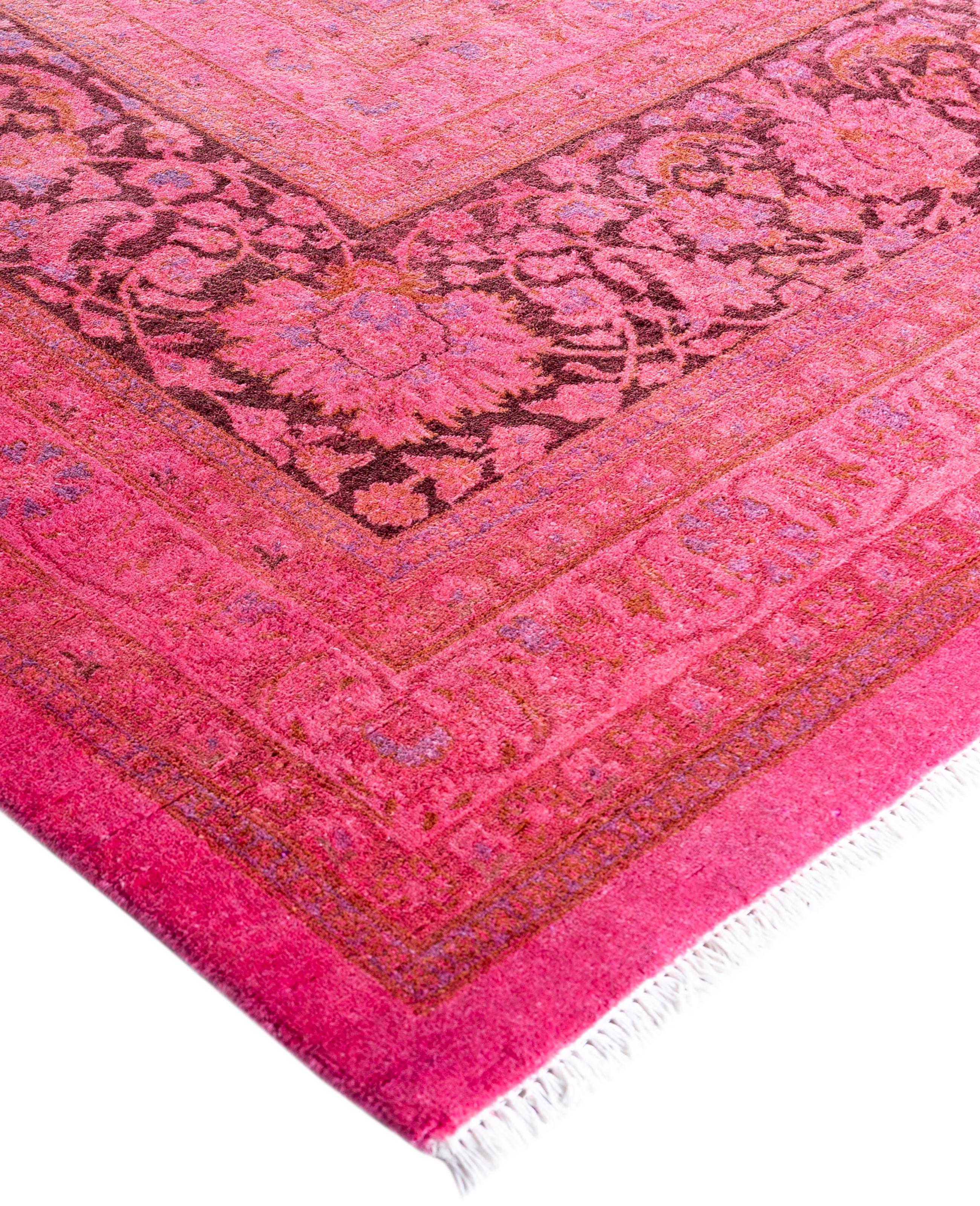 Over-dyed area rugs are created by taking vintage or traditional rugs and applying a vibrant, monochromatic dye over the existing patterns. This technique results in a bold, modern aesthetic while preserving the intricate designs beneath, blending