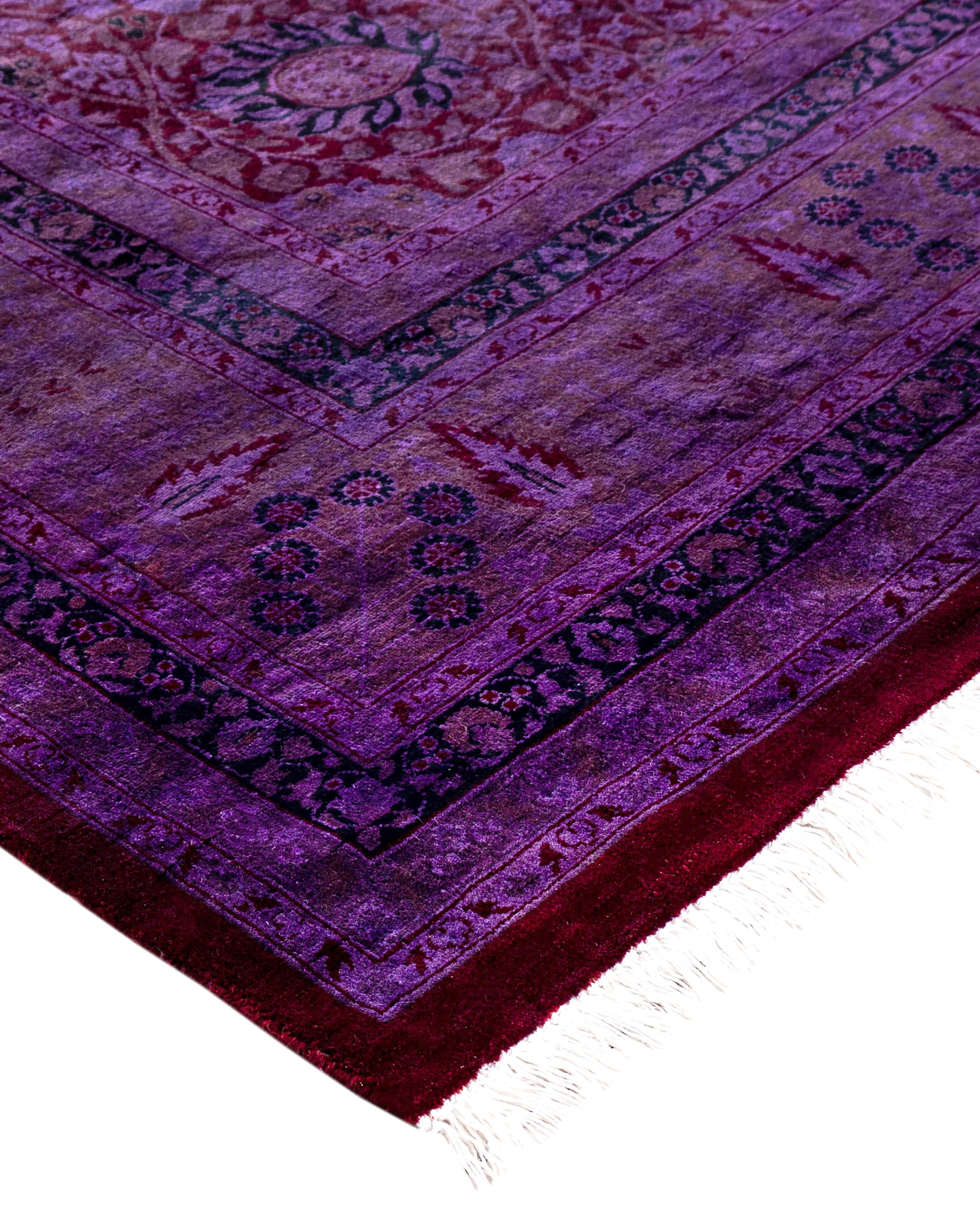 Over-dyed area rugs are created by taking vintage or traditional rugs and applying a vibrant, monochromatic dye over the existing patterns. This technique results in a bold, modern aesthetic while preserving the intricate designs beneath, blending