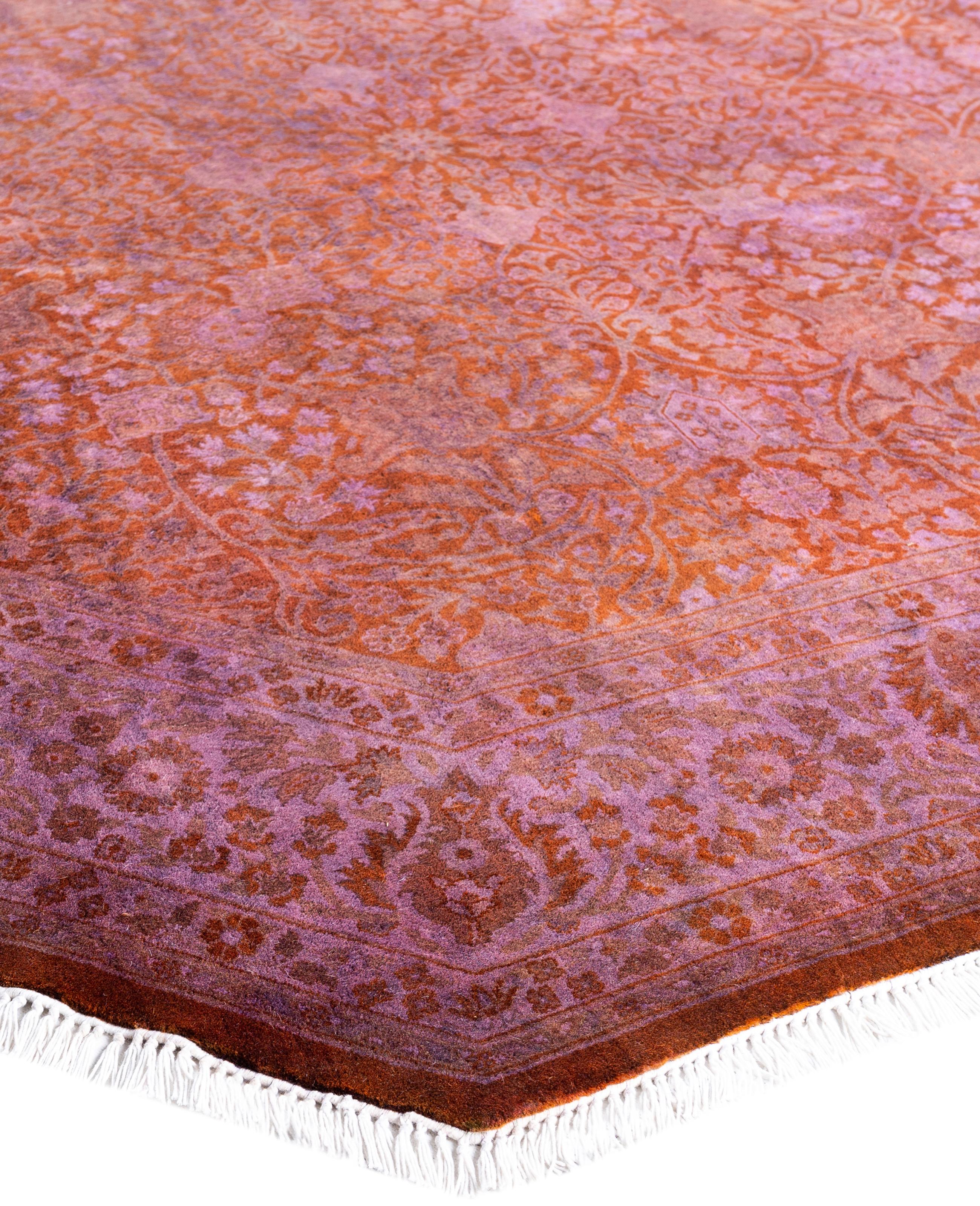 Over-dyed area rugs are created by taking vintage or traditional rugs and applying a vibrant, monochromatic dye over the existing patterns. This technique results in a bold, modern aesthetic while preserving the intricate designs beneath, blending