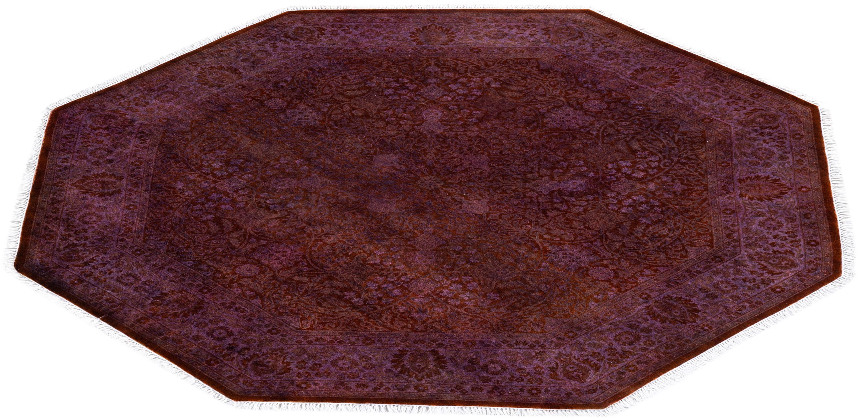 Overdyed One-of-a-Kind Wool Purple Octagon Area Rug 6' 1
