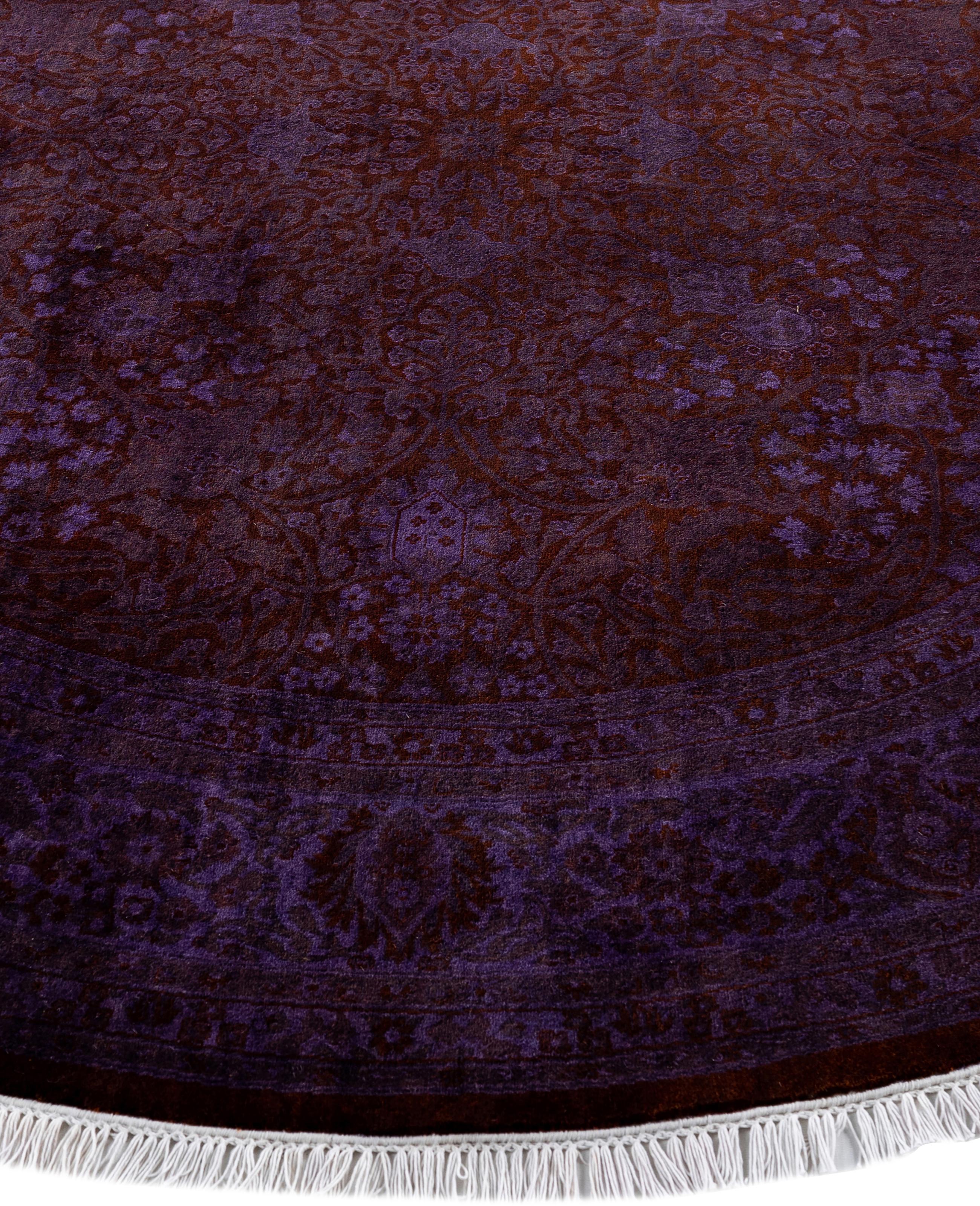 Annodato a mano Tappeto rotondo in lana viola Overdyed One-of-a-Kind 6' 1