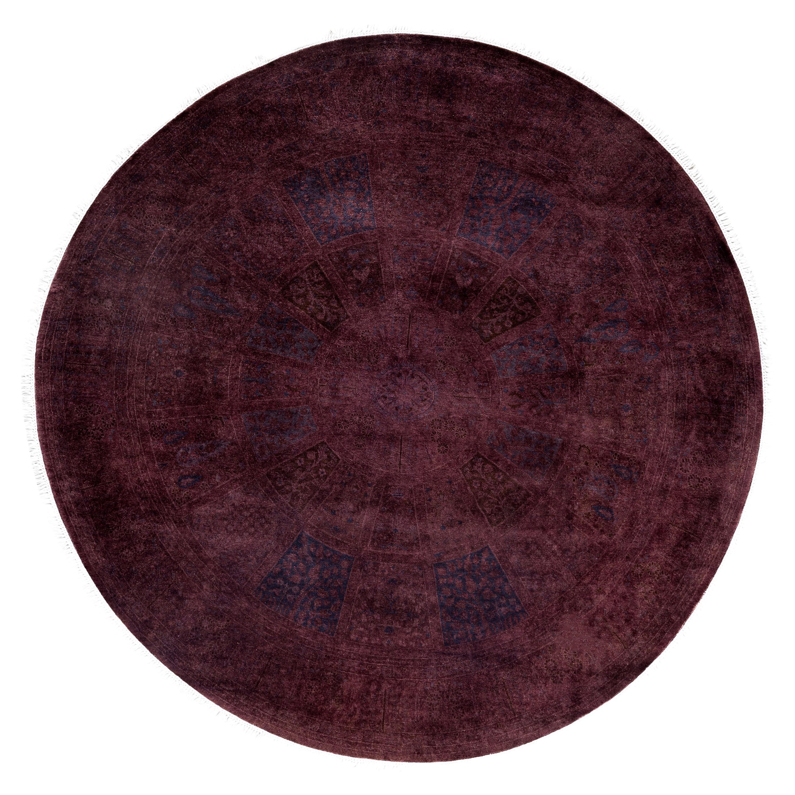 Overdyed One-of-a-Kind Wool Purple Round Area Rug 6' 1" x 6' 1"