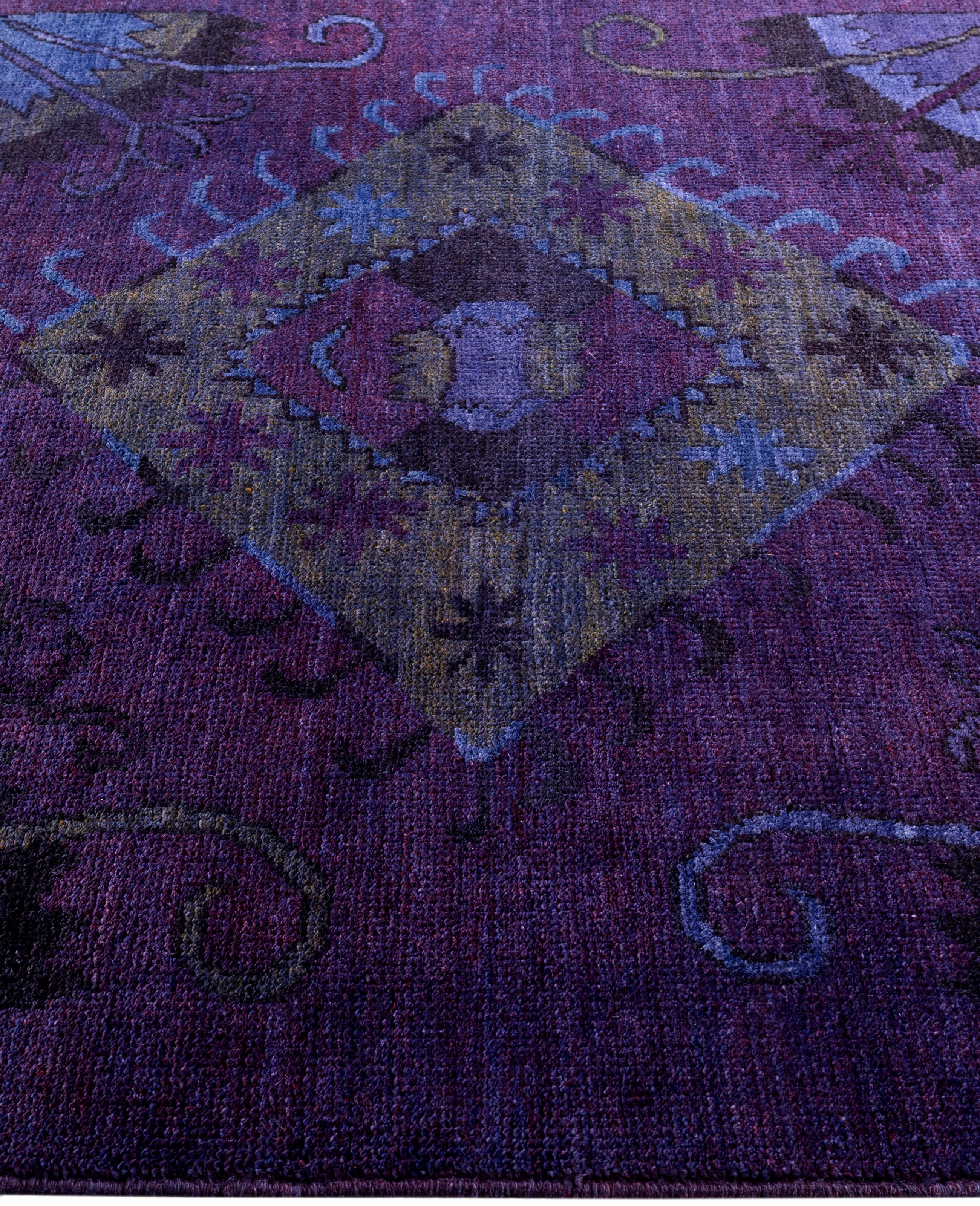 Noué à la main Tapis de sol carré en laine surteint et unique en son genre pourpre 5' 1