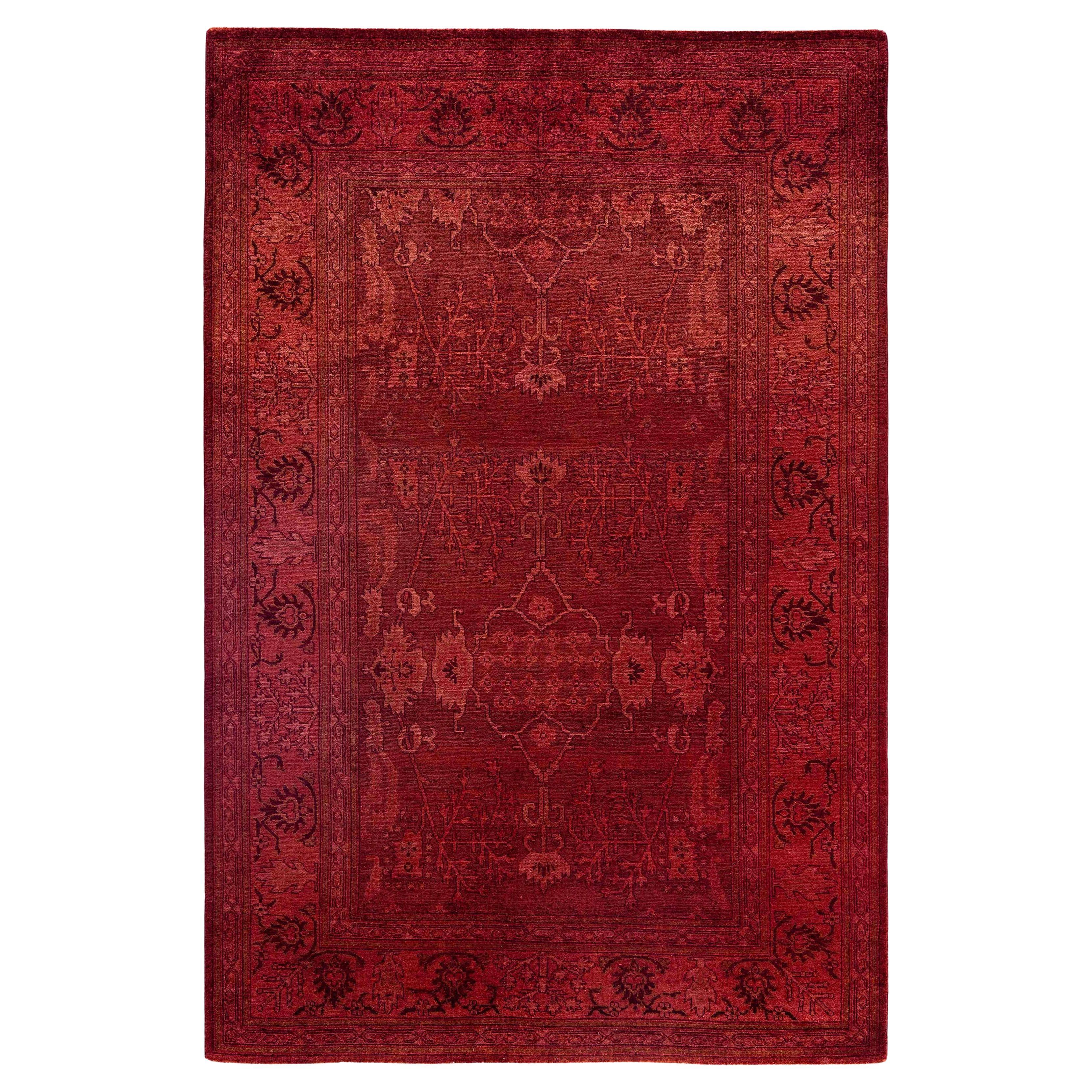 Tapis de zone en laine surteint et unique en son genre rouge 5' 3" x 7' 10"