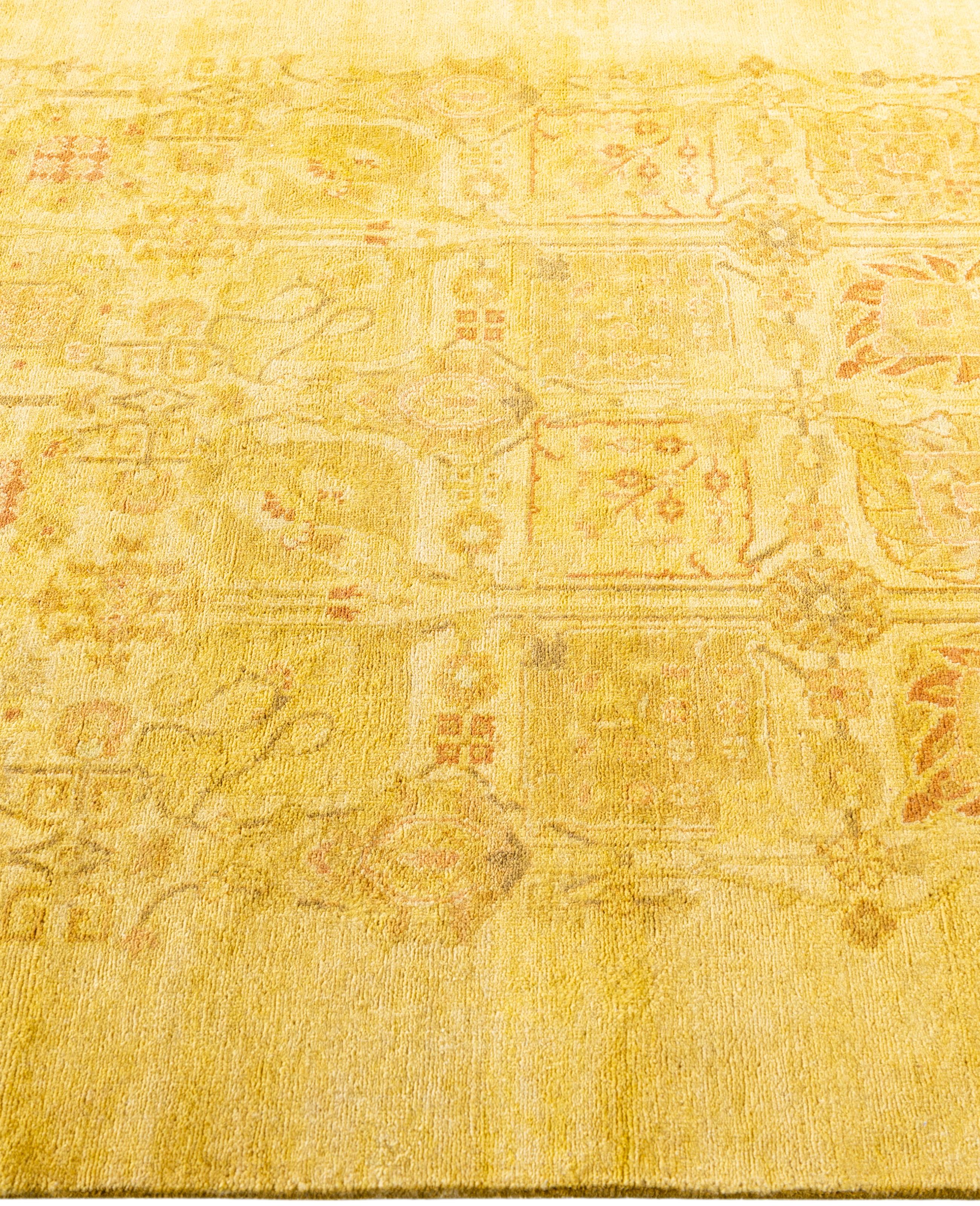 Annodato a mano Tappeto giallo in lana Overdyed One of a-Kind 4' 1