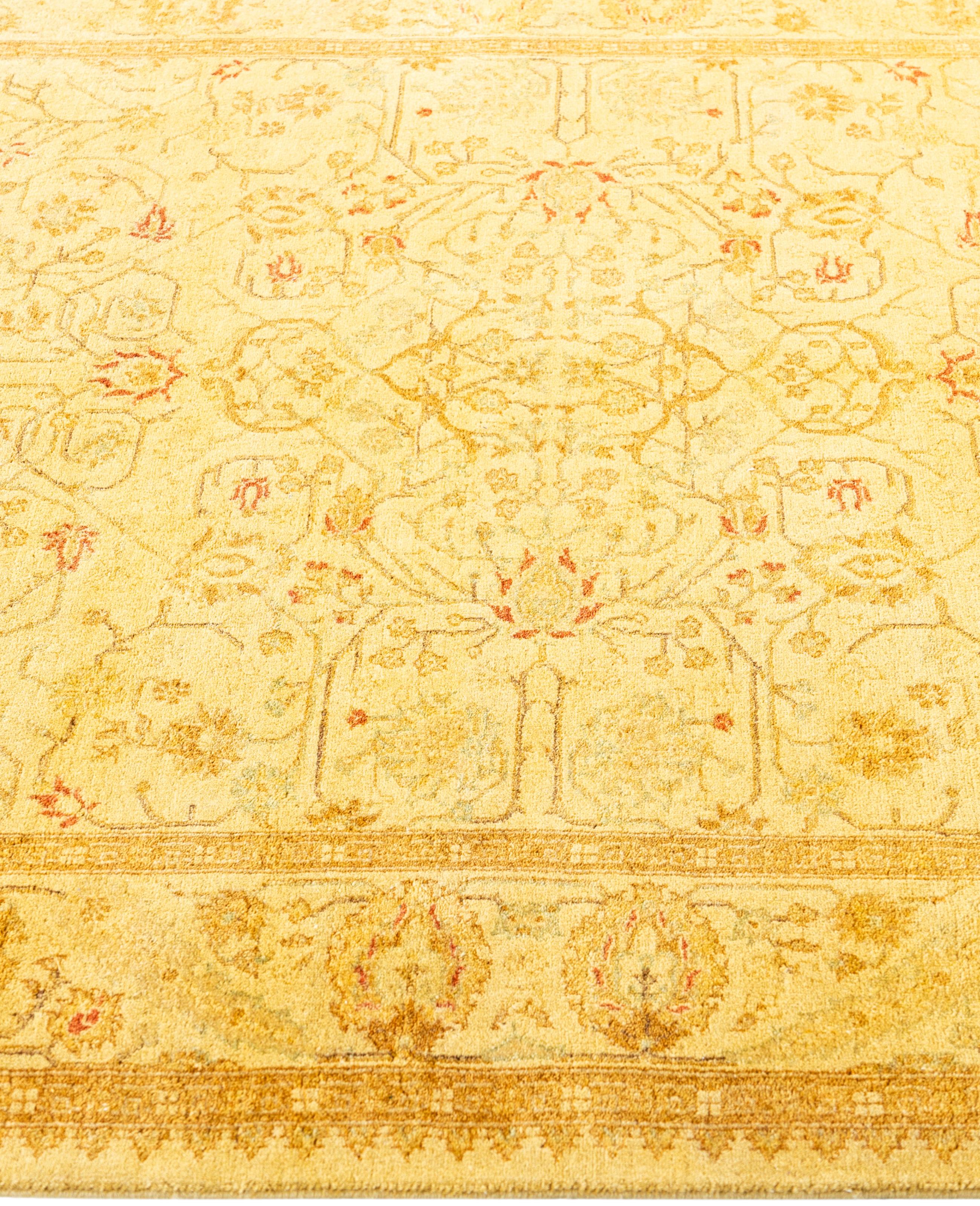 Noué à la main Tapis de sol en laine jaune surteintée unique 4' 3