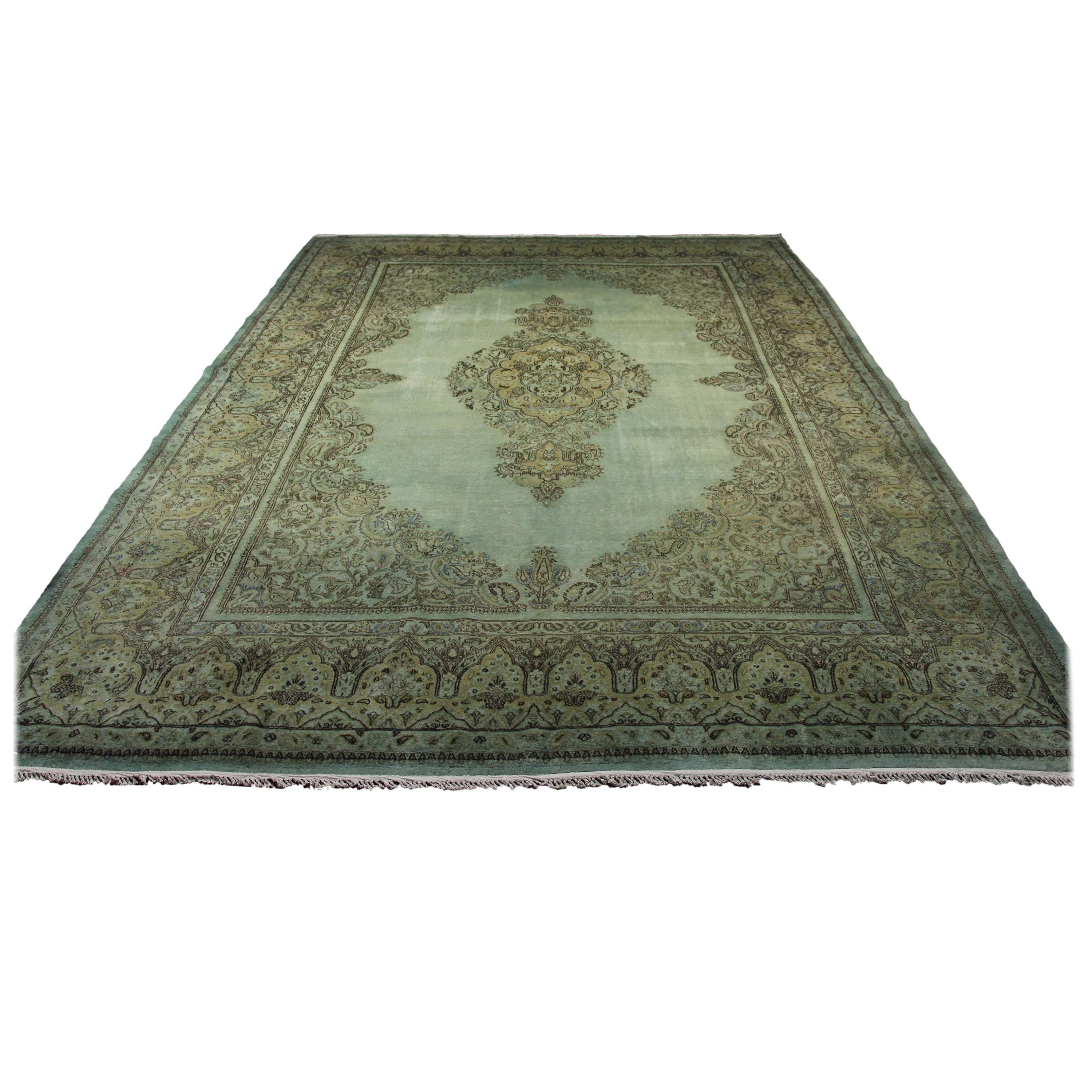 Overdyed Sage Antique Kerman Carpet For Sale