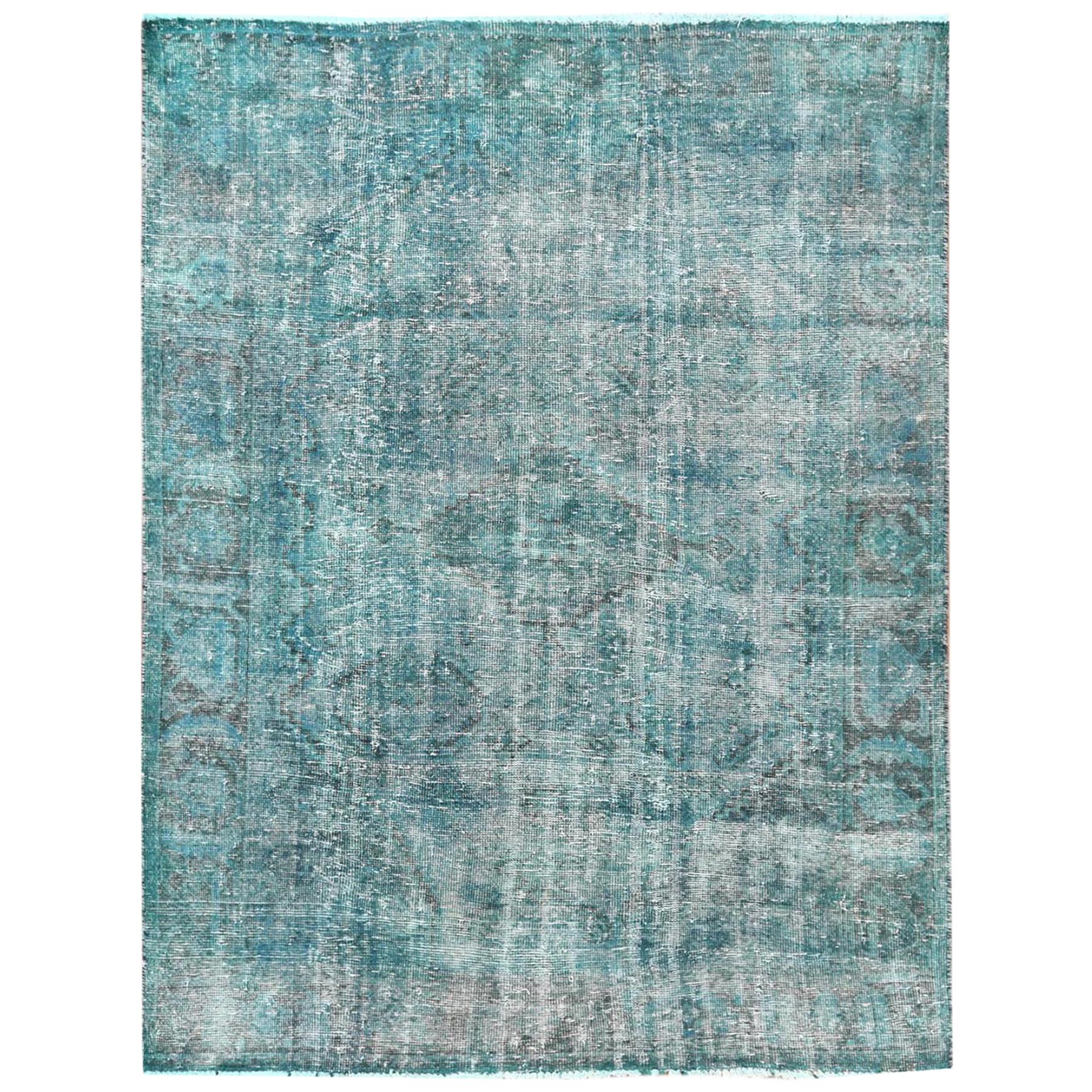 Overdyed Teal Persian Qashqai Cropped Thin Hand Knotted Clean Rug